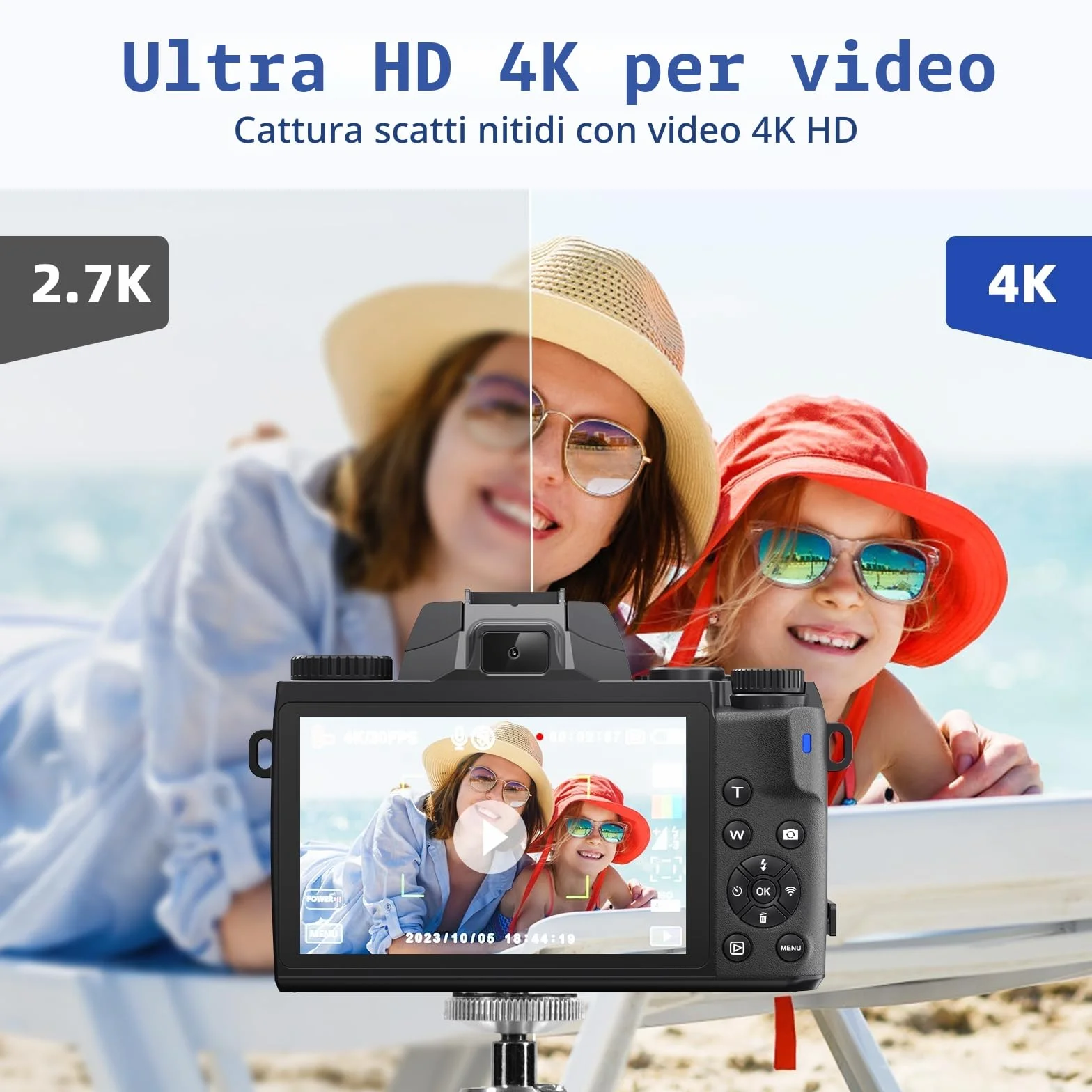 Fotocamera digitale 4K, CCN 64MP Fotocamera con schermo touchscreen da 3,0", fotocamera compatta con zoom digitale 16X e funzione WiFi, con cappuccio per borsa fotografica, scheda TF da 32 GB, nero