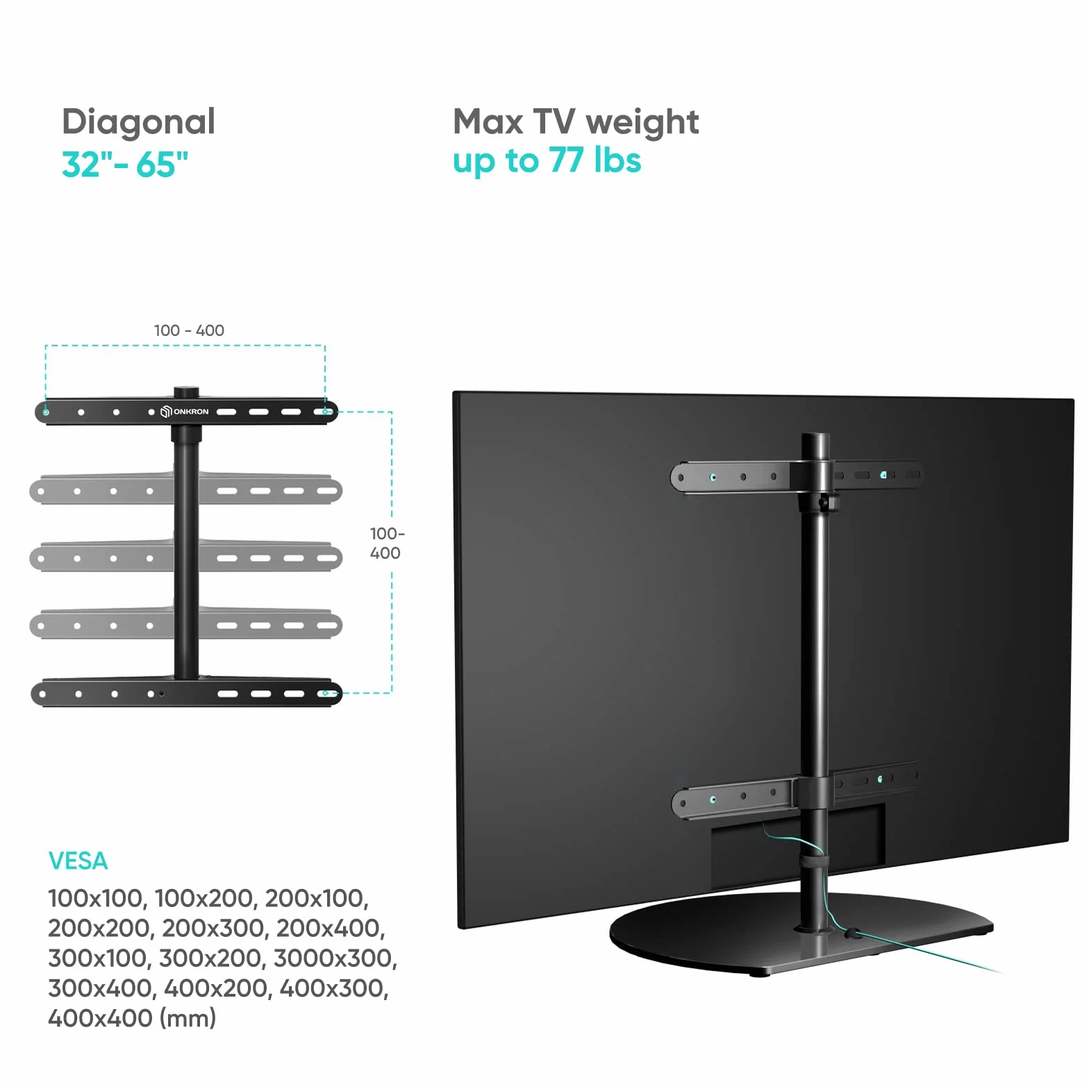 ONKRON Supporto TV da Tavolo 32 a 65 pollici, Carico 35 kg, Porta Televisore VESA 100x100 - VESA 400x400 mm, Rialzo per Televisore Girevole, Piedistallo TV Universale, in Vetro Temperato, Nero PT2-B