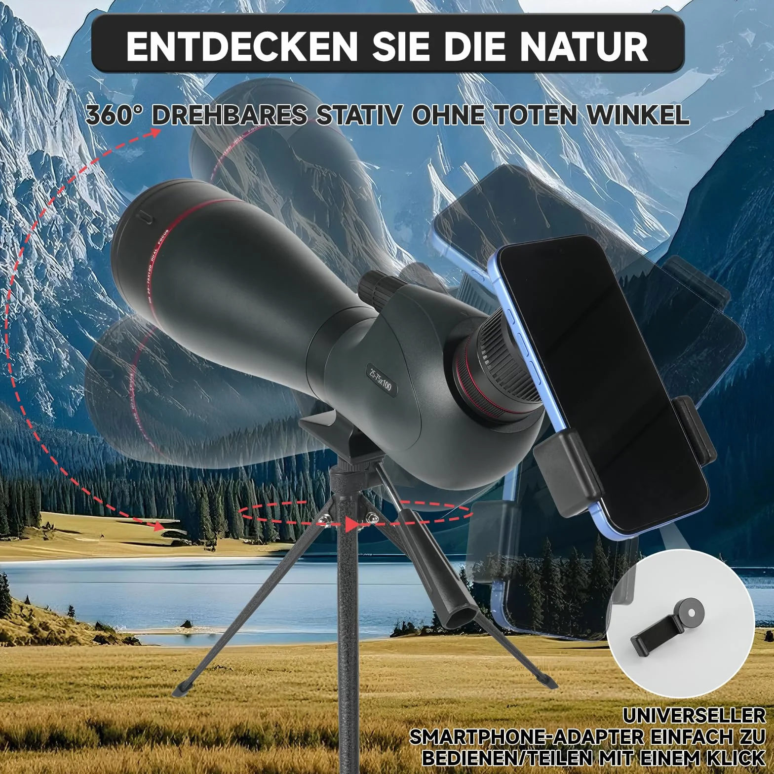 Cannocchiale da Osservazione 25-75x100 BAK4 FMC, Telescopio IPX7 Impermeabile Antiappannamento con Treppiede 360°, Adattatore Smartphone e Custodia per Birdwatching Caccia Astronomia