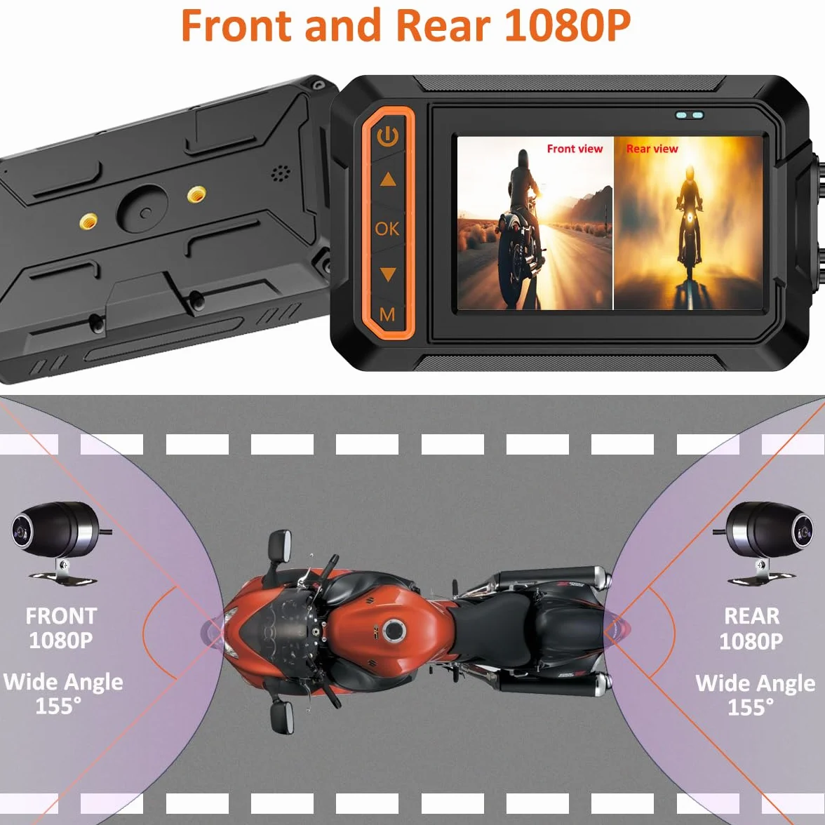 ydi Dash Cam Anteriore e Posteriore 1080P per Moto, Impermeabile Moto Doppia Grandangolare 155 Gradi Fotocamera con Schermo da 3 Pollici, Wi-Fi, GPS, Telecomando a Filo, Monitor di Parcheggio