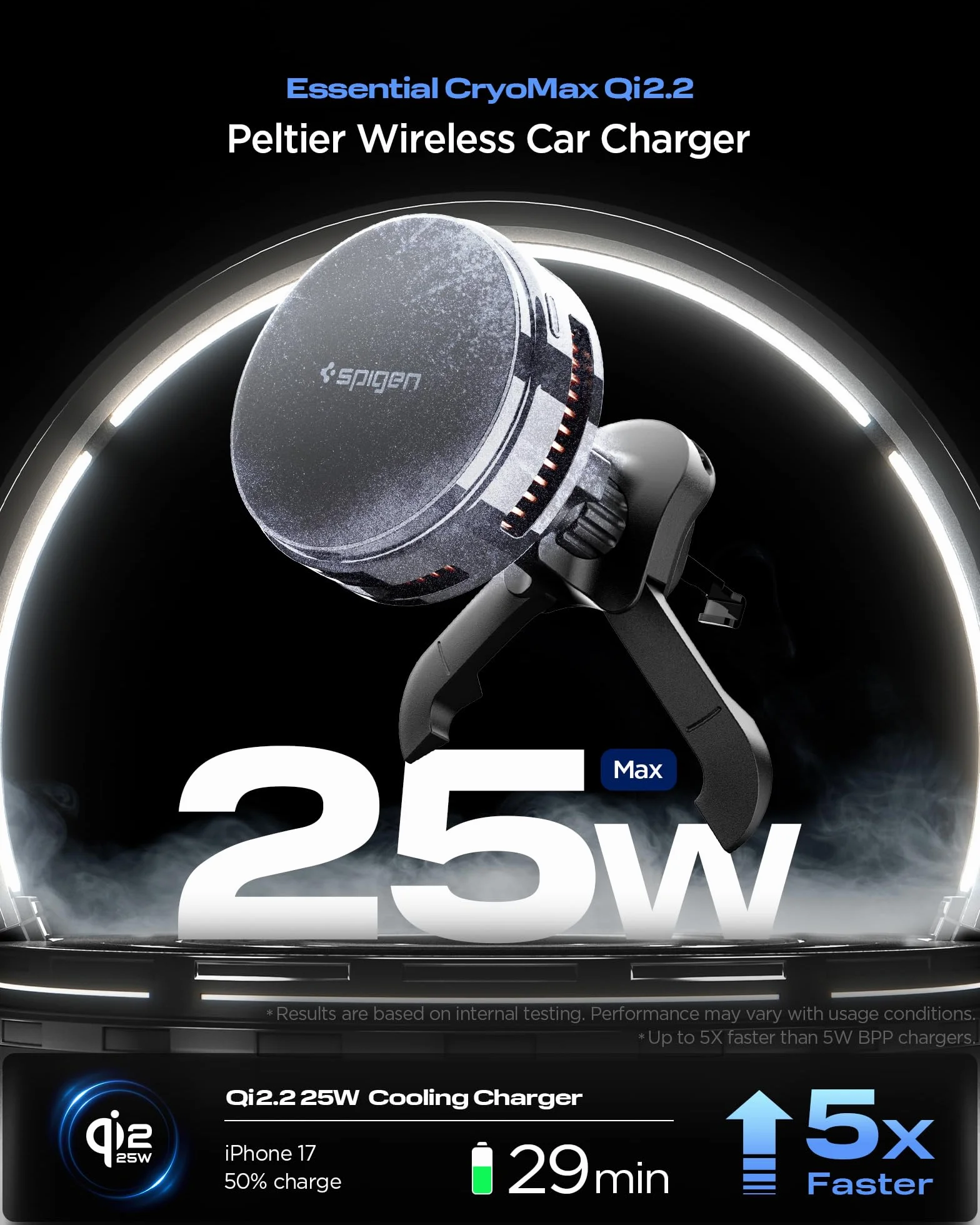 Spigen Essential CryoMax MagFit Qi2.2 25W [Raffreddamento Peltier] Caricatorer Wireless Auto per Cellulare, Cavo Incluso, Supporto Telefono Ricarica MagSafe Compatibile con iPhone 17/17e/16/15/14