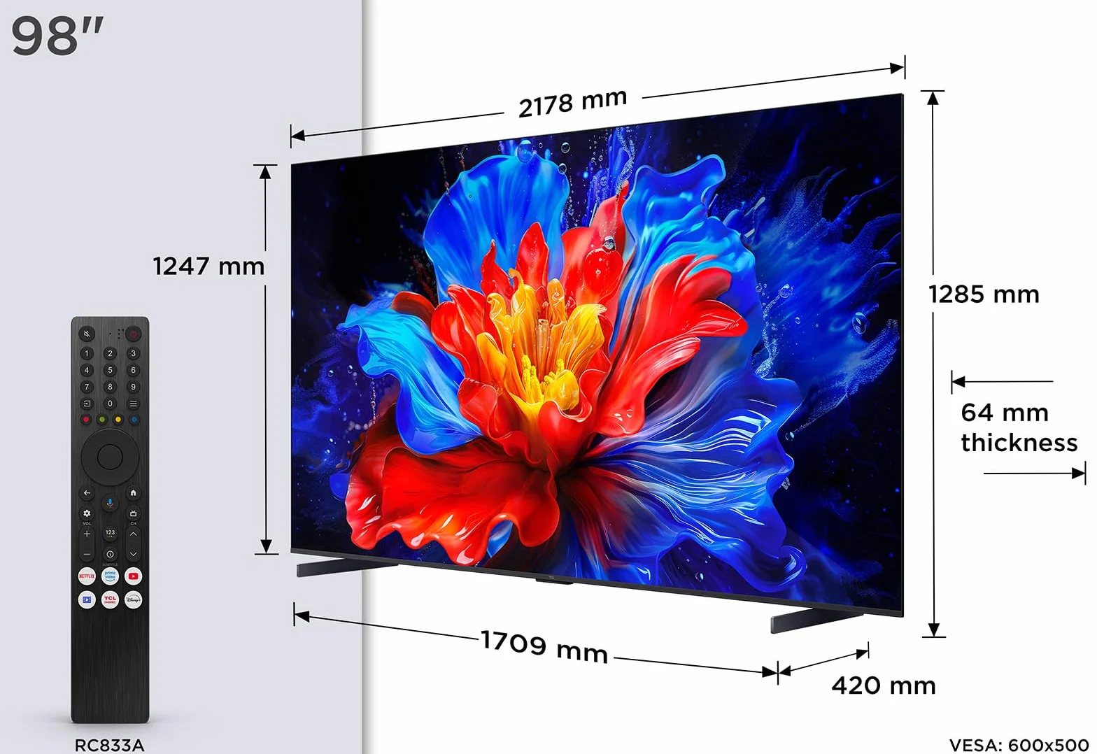 TCL 98P8K QLED 4K HDR Ultra HD 98" QLED TV with Google TV Technology (Dolby Vision and Atmos, Motion Clarity Pro 144Hz, FreeSync, Onkyo 2.1 Audio, Google Assistant Compatible)