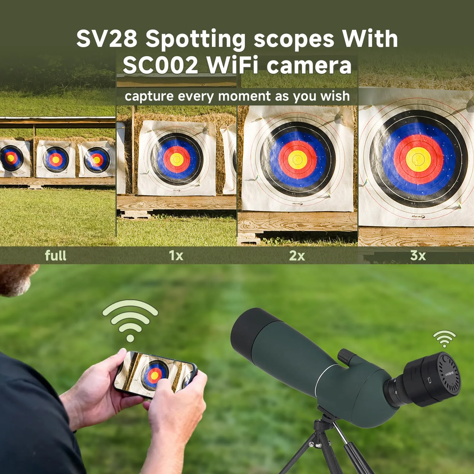 Svbony SV28PLUS Upgrade 25-75x70mm Cannocchiale, con SC002 WIFI Telecamera, BAK4 A5 Rosso Vino FMC Lenti Rivestimento, con Adattatore per Telefono Borsa per Treppiede, per Birdwatching Fotografia