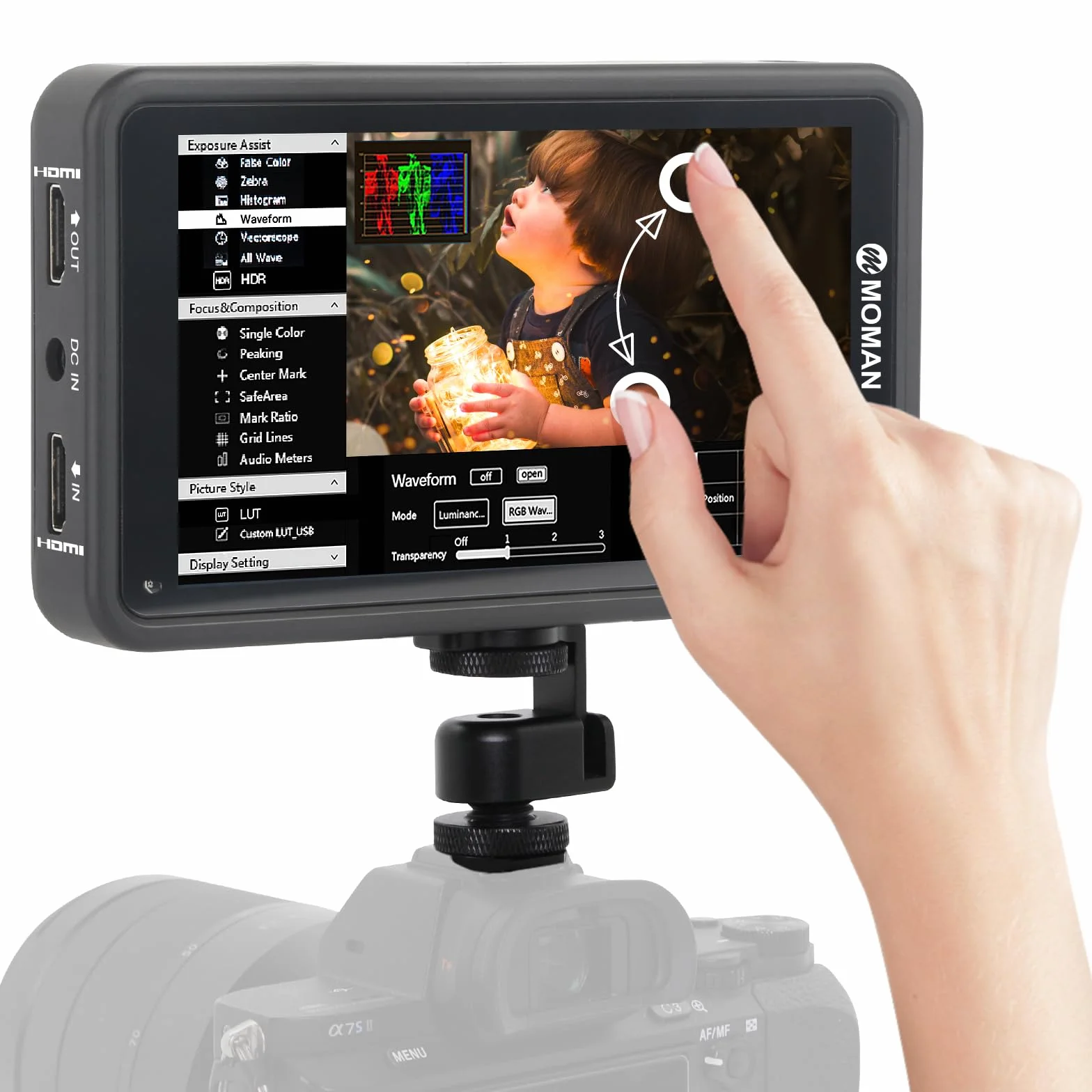 Moman M5 Monitor-Esterno-Reflex-4K-DSLR 5.5 Pollici Touch Screen 450nits, Monitor da Campo 1920 * 1080 Full HD con 3D LUTs/HDR, Monitor Mirrorless