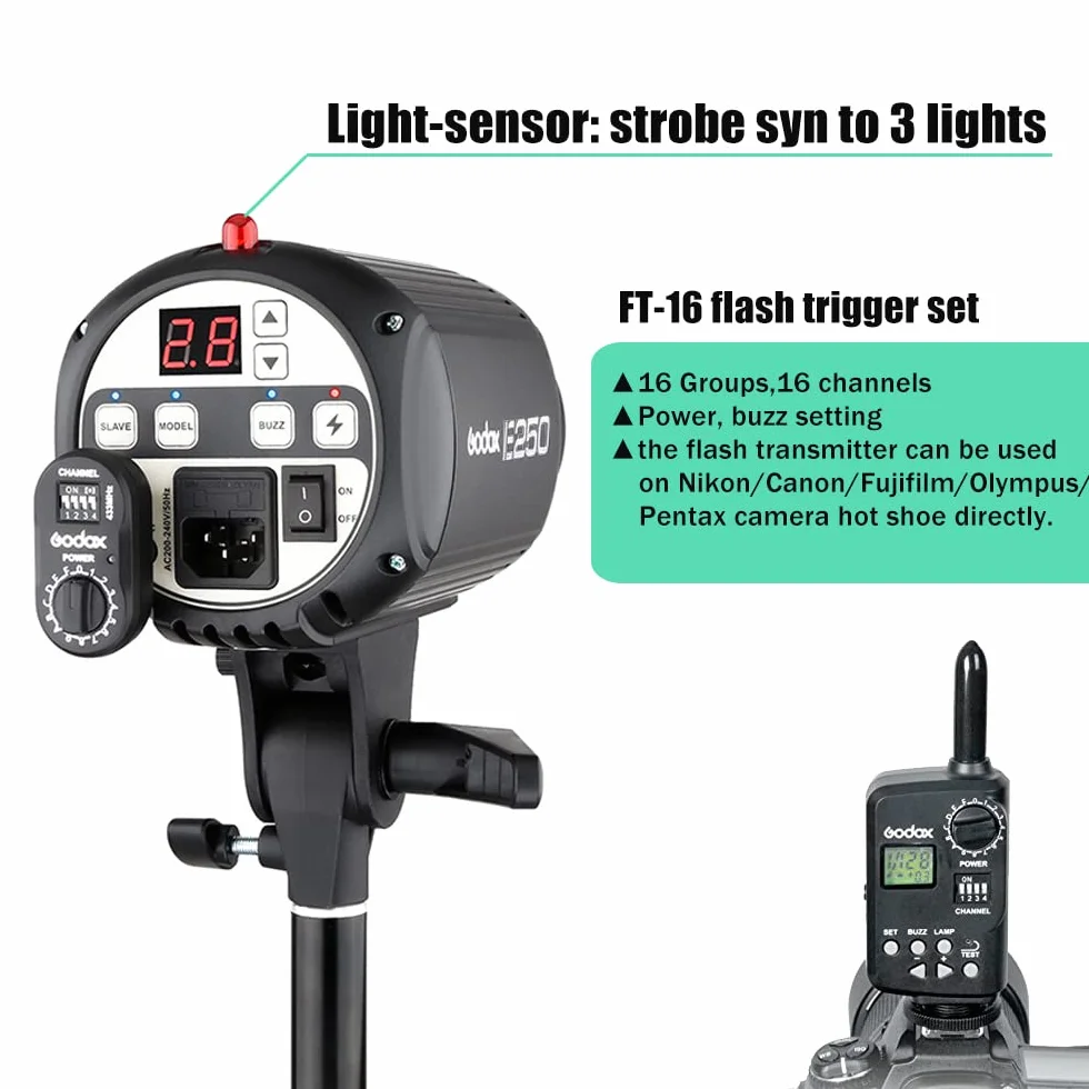 Godox Kit professionale di luci flash stroboscopiche da studio per la fotografia, 3 Pack 250W strobo con trigger strobo, Softbox, stativi per luci, braccio a braccio