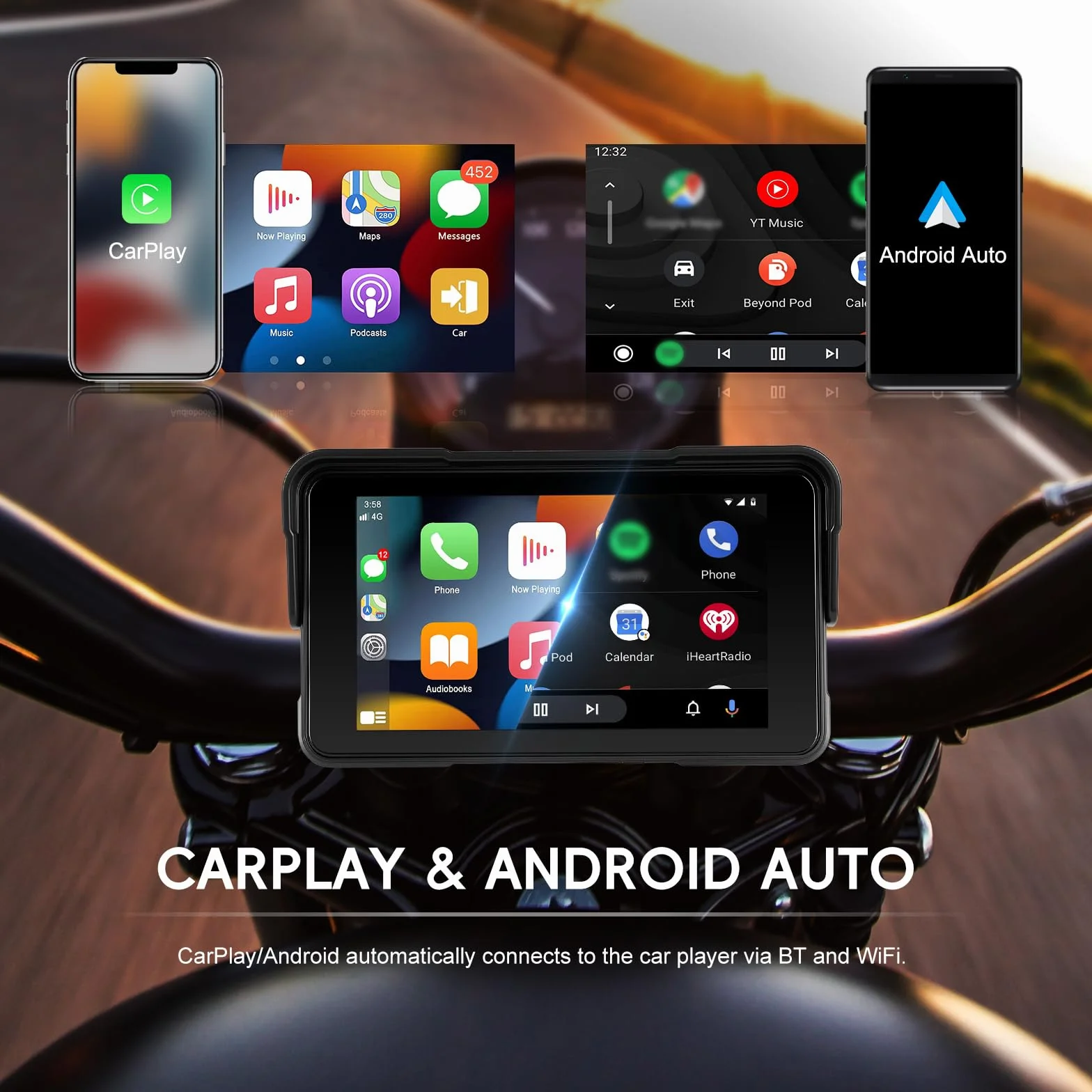 Schermo CarPlay Moto 5" HD Wireless Apple CarPlay Android Auto IP68 Impermeabile Bluetooth TPMS