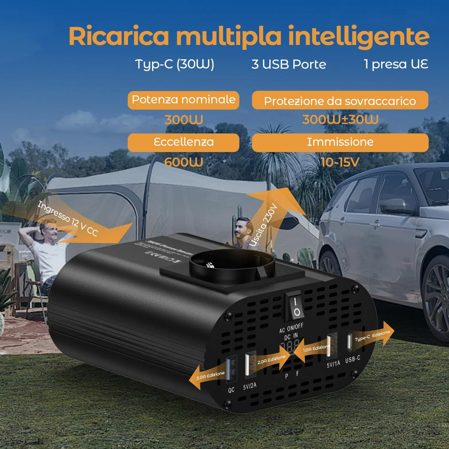 300W inverter 12v 220v, inverter auto con 1 presa, tipo C 30W, ricarica rapida USB 25W, 3 porte USB, display LED