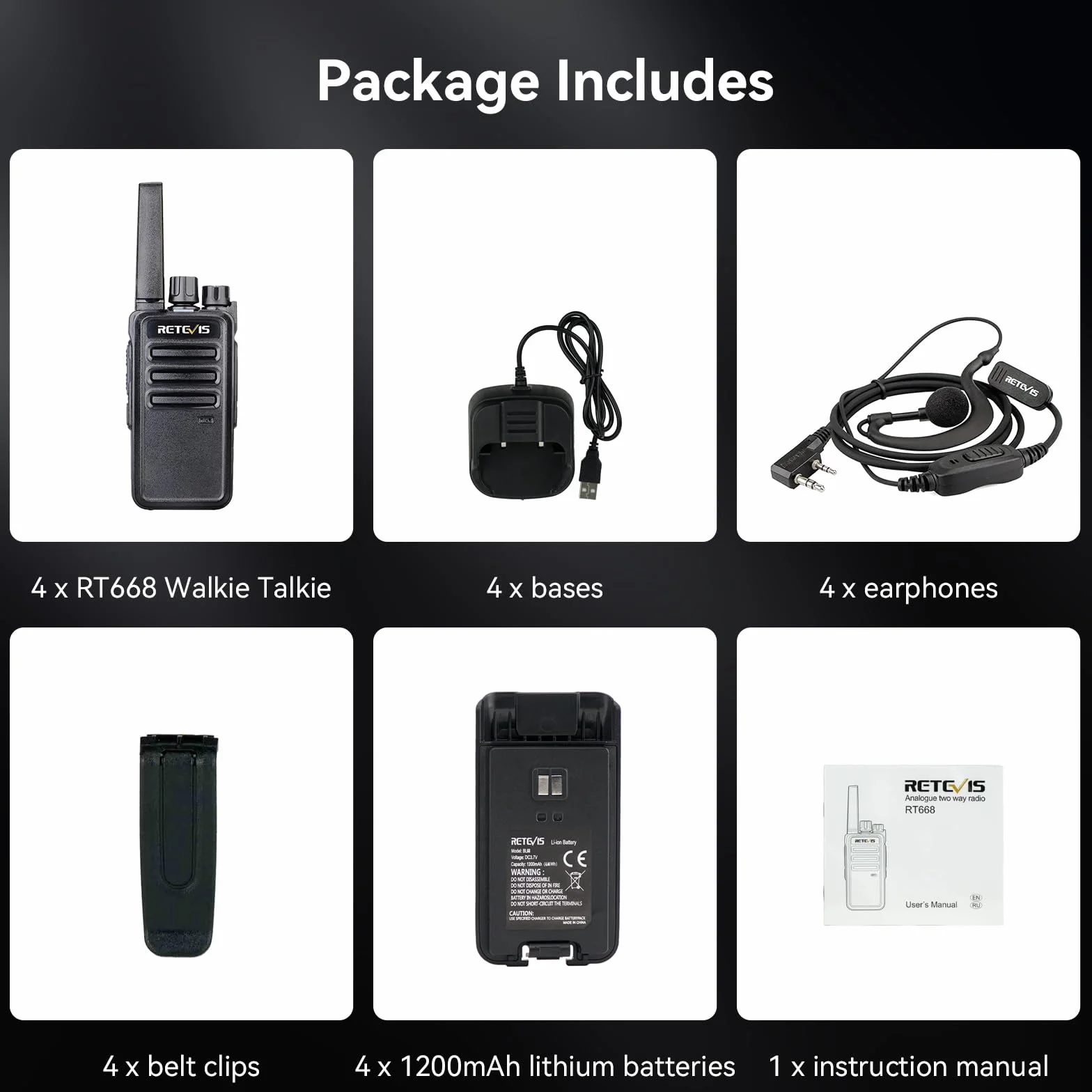 Retevis RT668 Walkie Talkie PMR446 Ricetrasmittenti VOX Anticaduta Antipolvere Auricolari 4 Pezzi Nero