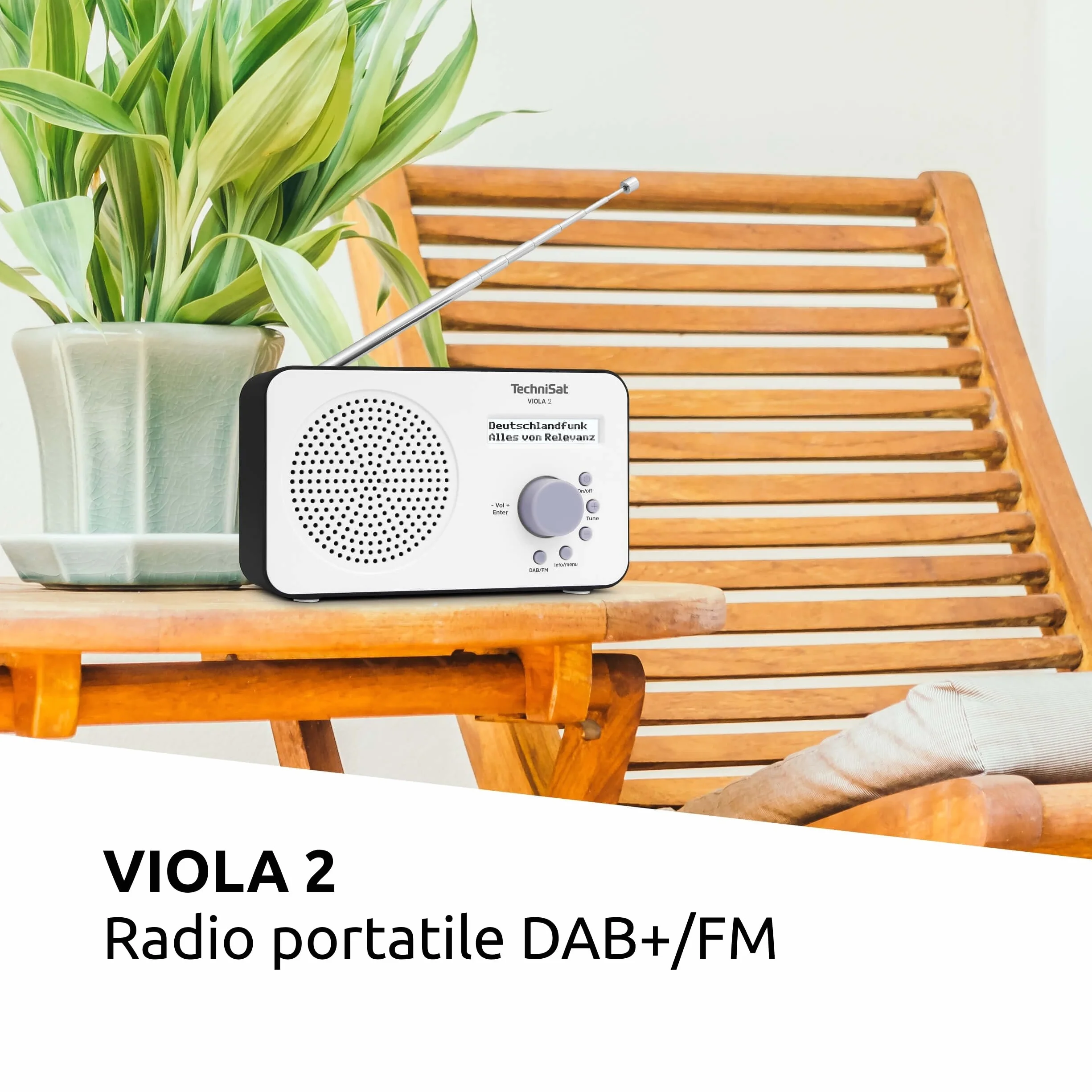 TechniSat VIOLA 2 - Radio DAB portatile (DAB+, VHF, Altoparlante, Ingresso per cuffie, Display a 2 righe, Pulsante di controllo, Compatta, 1 Watt RMS), Bianco/Nero
