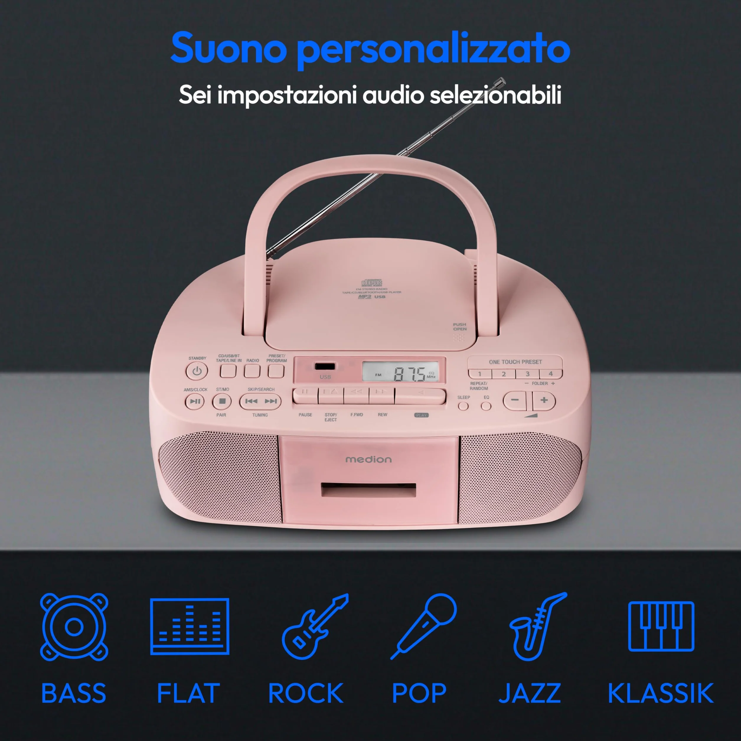 MEDION E65010 Radio Stereo (Lettore CD, Cassette, connessione USB, Ingresso Audio AUX, Riproduzione MP3. Radio FM PLL, Memoria 40 stazioni, Funzionamento a Batteria, Telecomando) Rosa