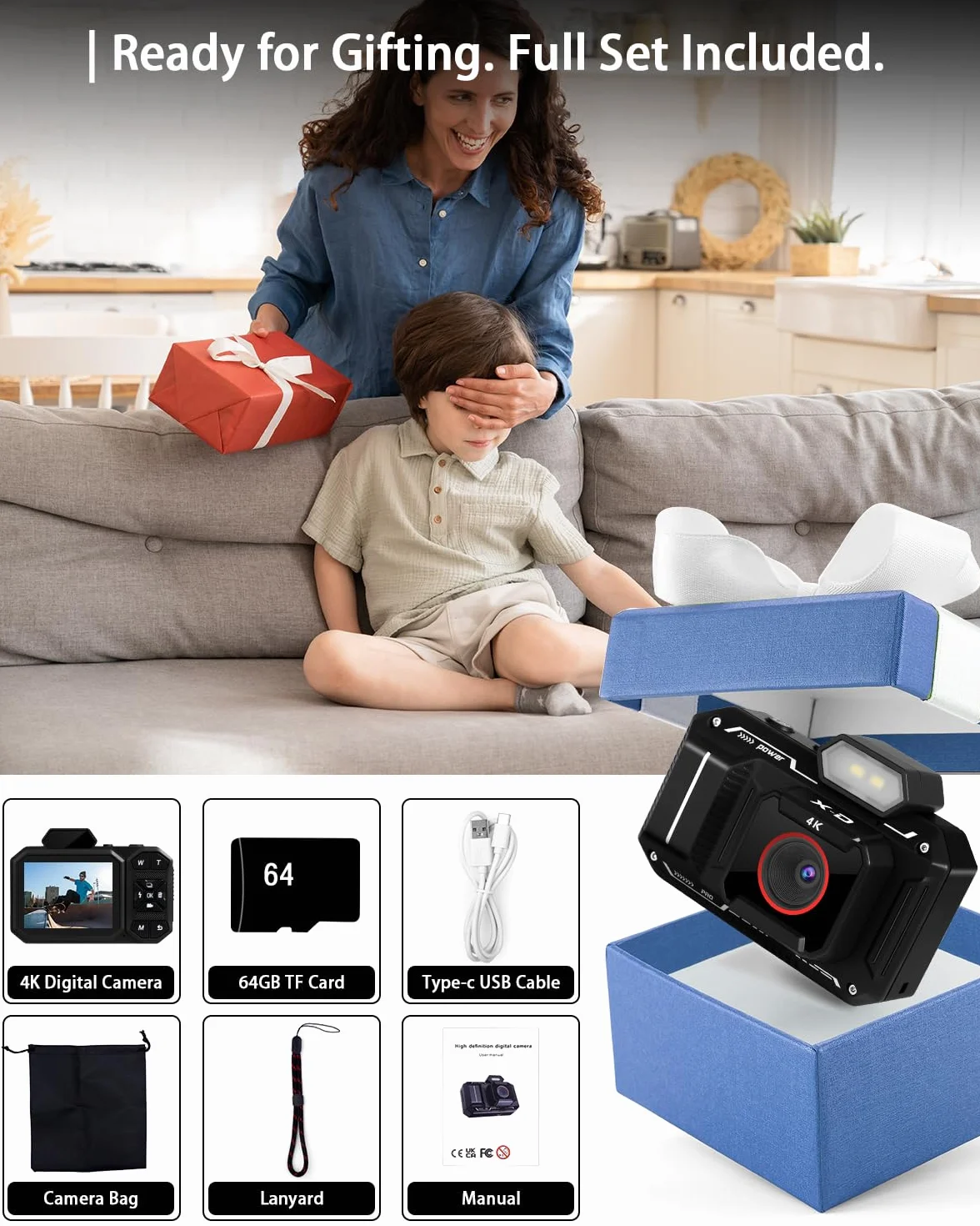 Macchina Fotografica Digitale, Bextgoo Fotocamera 4K per Vlog con Scheda da 64GB, Fotocamera con Autofocus da 48MP, Zoom 12X, Flash e Anti-Shake, Fotocamera Digitale Compatta per Adulti e Adolescenti