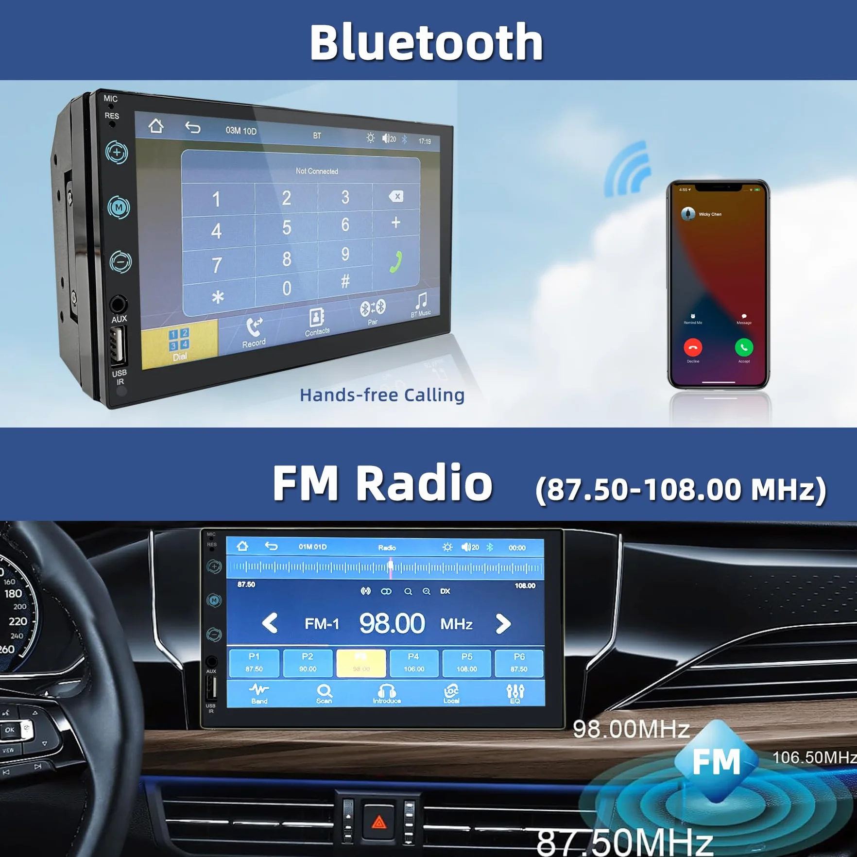 Autoradio 2 DIN con Carplay e Android Auto - Schermo tattile da 7 pollici con telecamera posteriore, Mirror Link, USB/AUX/FM, adatto per veicoli a 12V