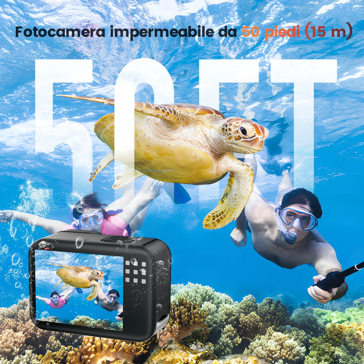 Action Cam 4K 60FPS 48MP 50ft Fotocamera Subacquea con 64GB Scheda WIFI Grandangolo 170° Telecomando 2x1350mAh