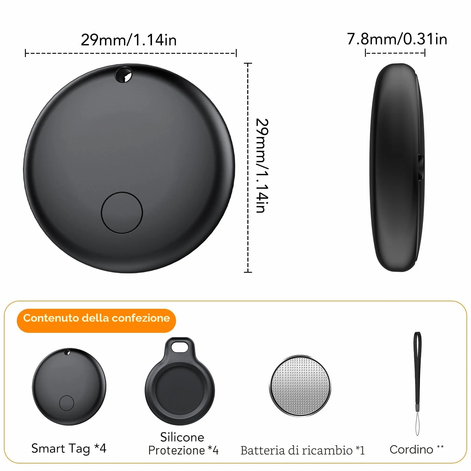 Android Smart Tag, Traceur tag con Google's Find Hub (Solo Android), IP68 Impermeabile, Bluetooth Localizzatore con Custodia Protettiva, Trova Oggetti per Chiavi/Bagagli/Portafogli, 4 Nero Elegante