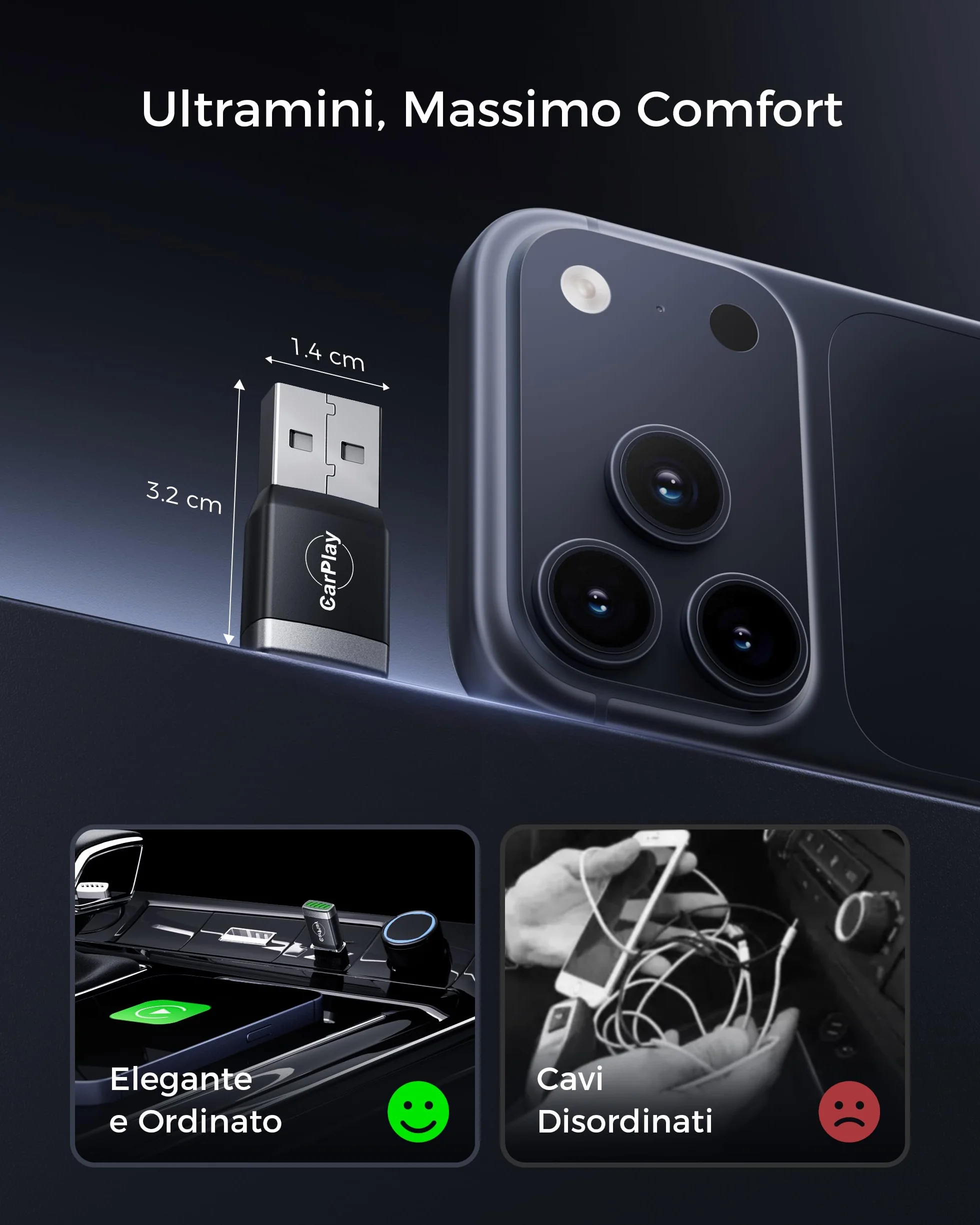 Mini Adattatore CarPlay Wireless Bluetooth V5.3 Wi-Fi 6 Doppia Banda USB C/A per Apple iPhone iOS 10+