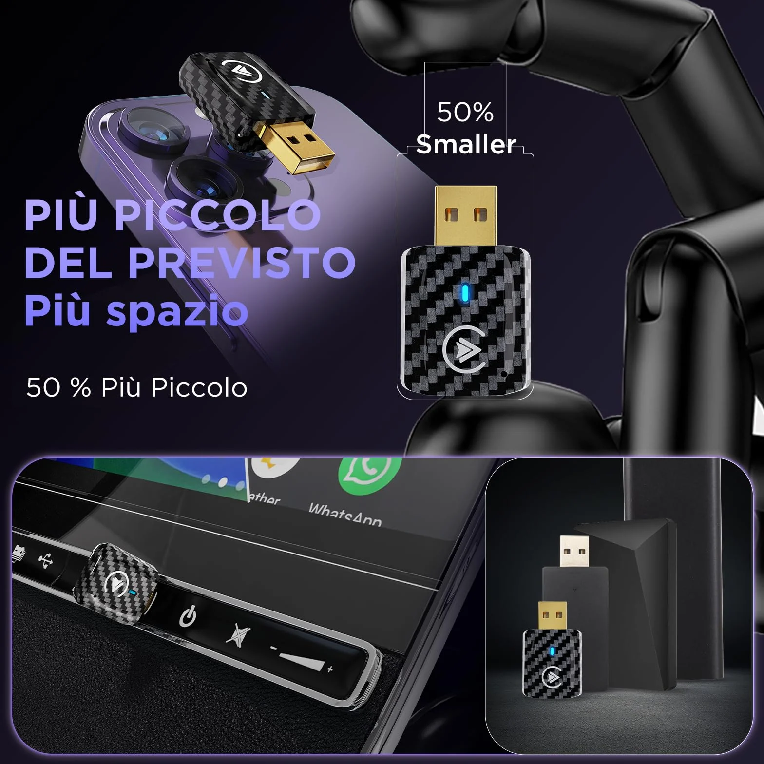MSXTTLY Adattatore Wireless CarPlay e Android Auto U2AC-01, Converte CarPlay/Android Auto Cablato in Wireless, compatibile con iPhone 17/16/15/14/13/12 R e Android 11+, USB-C/USB-A, Nero
