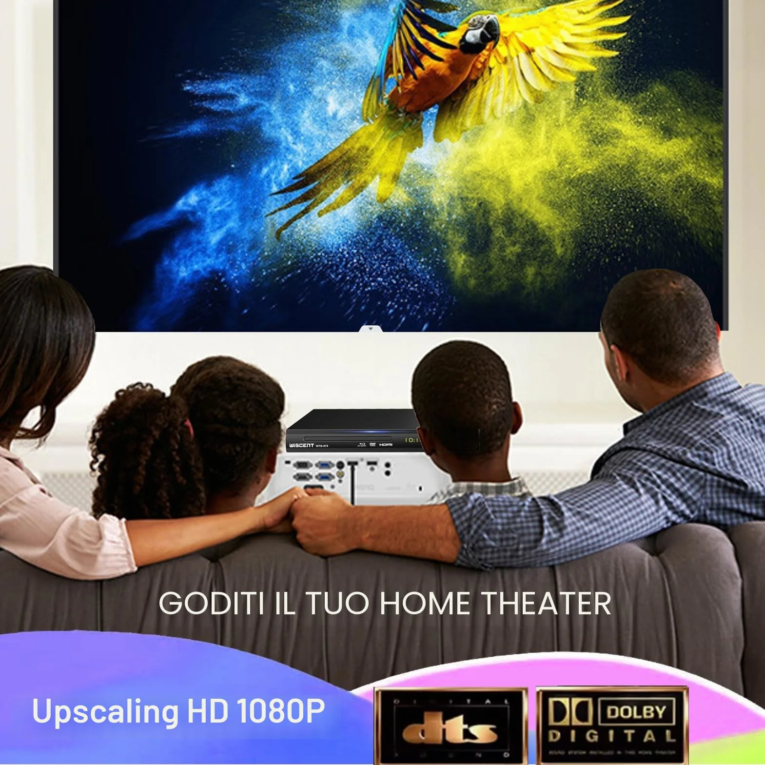 Lettore Blu-Ray per TV, WISCENT Lettore DVD con Coassiale/HDMI/AV, ingresso USB, tutti i DVD e la regione B/2 Blue Ray Discs, Lettore Bluray Compatto Full HD 1080p (WTB-978B)