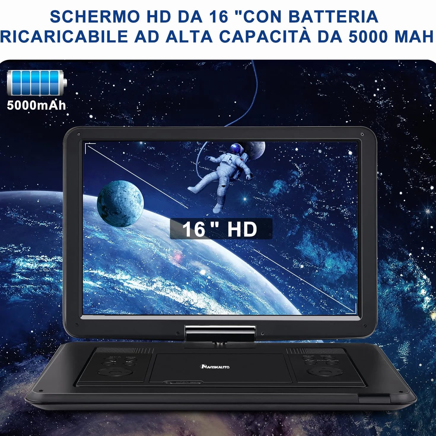 NAVISKAUTO 17,5" Lettore DVD Portatile Grande Schermo da 16 Pollici, Supporta HDMI, Autonomia da 6 Ore, USB/TF/AV IN/OUT/Regione Libera,18 Mesi di Garanzia