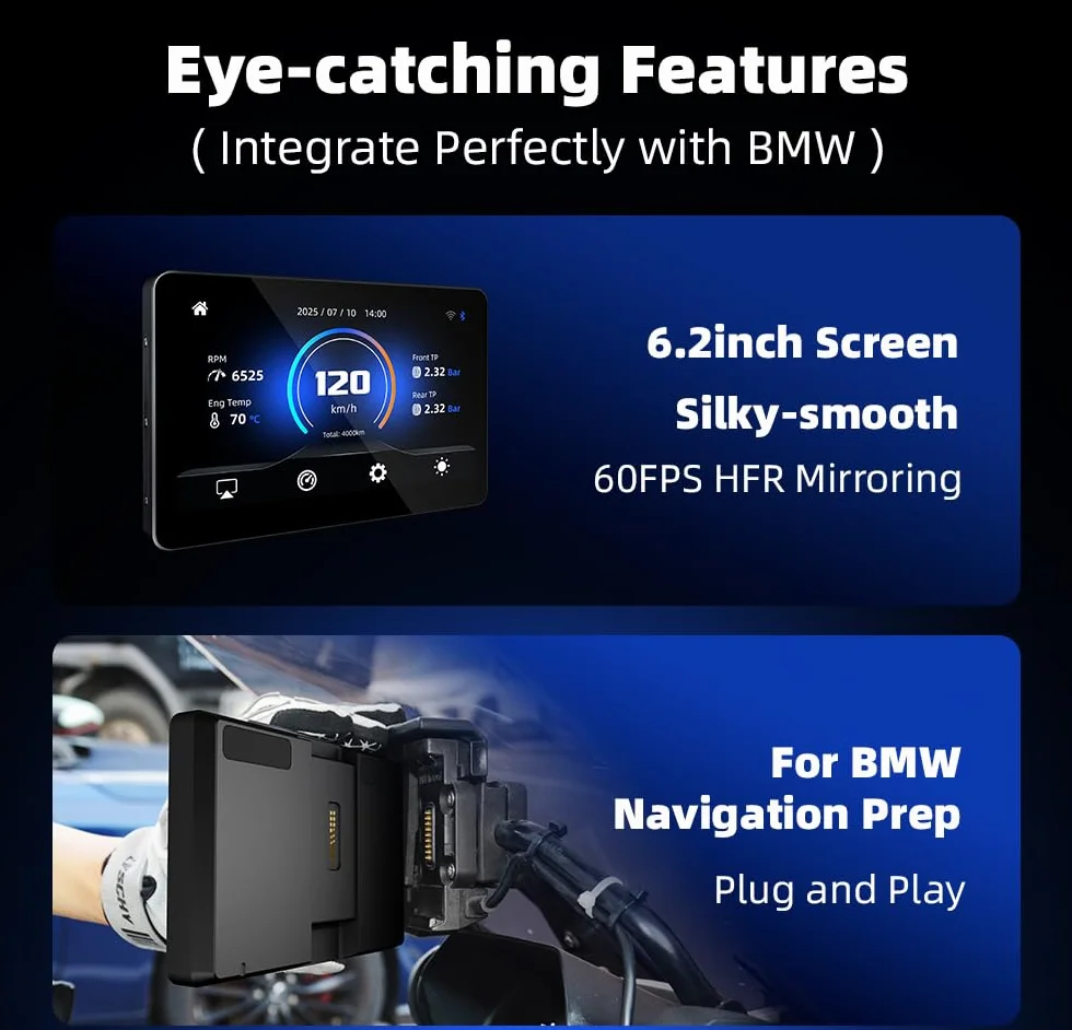Display da Moto da 6,2" per BMW R1200GS R1250GS F800 F900 S1000XR, Wireless CarPlay & Android Auto, WonderWheel Compatibile e Lettore di Dati del Veicolo, IP67