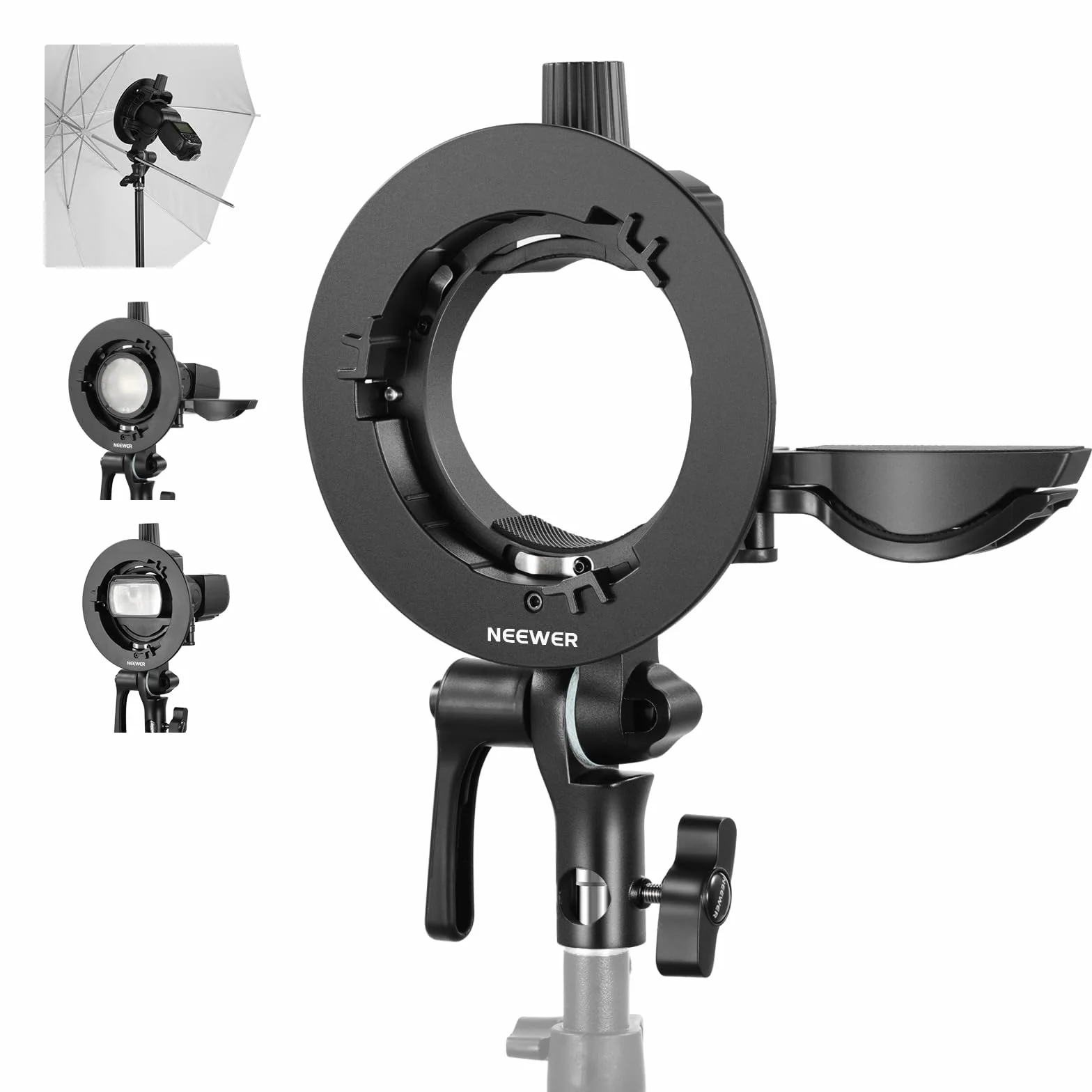 NEEWER CRB1 Supporto a Staffa Tipo S con Attacco Bowens e Foro per Ombrello per Flash Speedlite a Testa Quadrata/Rotonda Z2 Z1 Z760 NW760 NW700 TT560 Q3, Compatibile con Godox AD200Pro V1