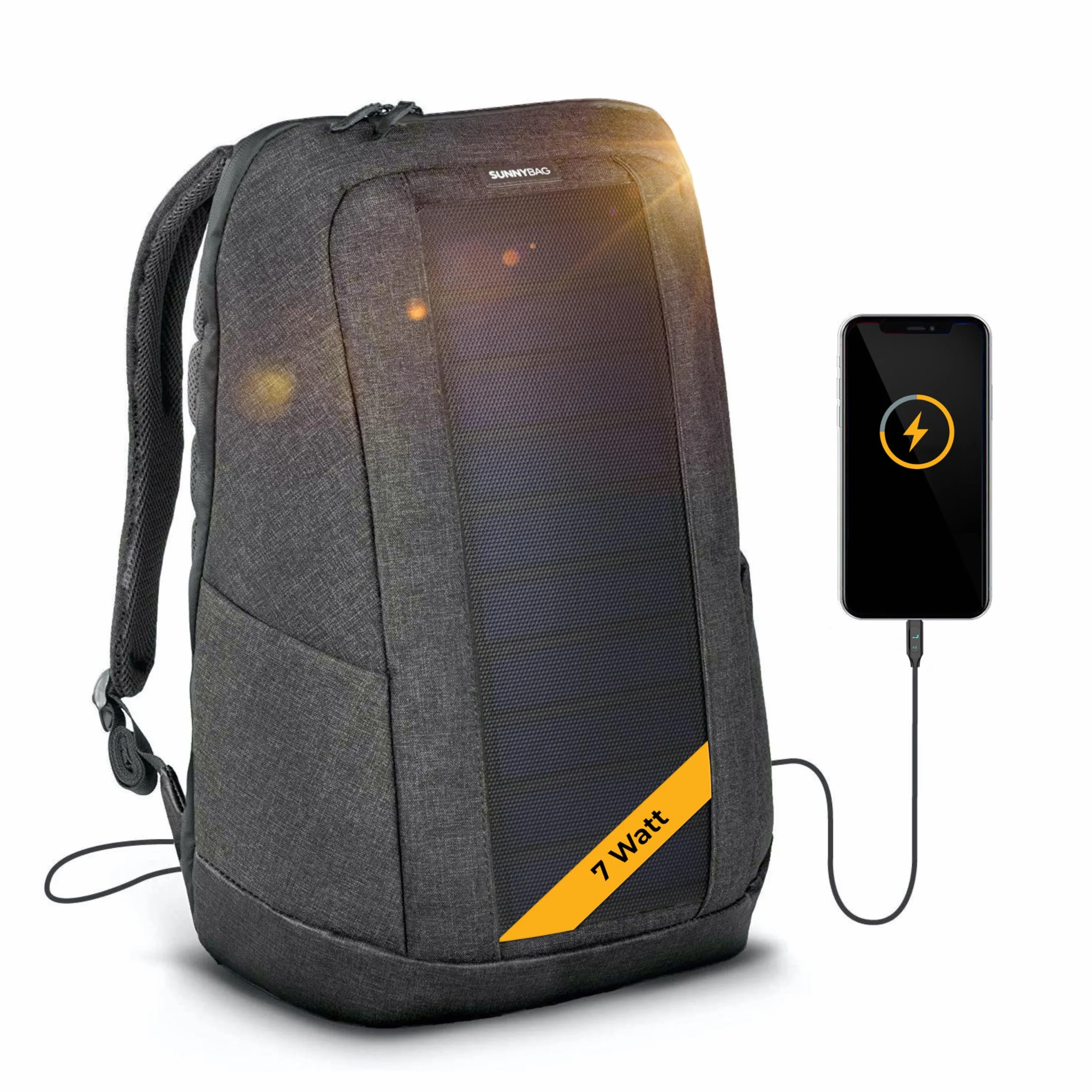 Sunnybag Iconic | Zaino solare con pannello solare integrato da 7 Watt | porta USB | ricarica wireless | scomparto per laptop da 17 pollici | 20 litri | tessuto riciclato idrorepellente | grafite