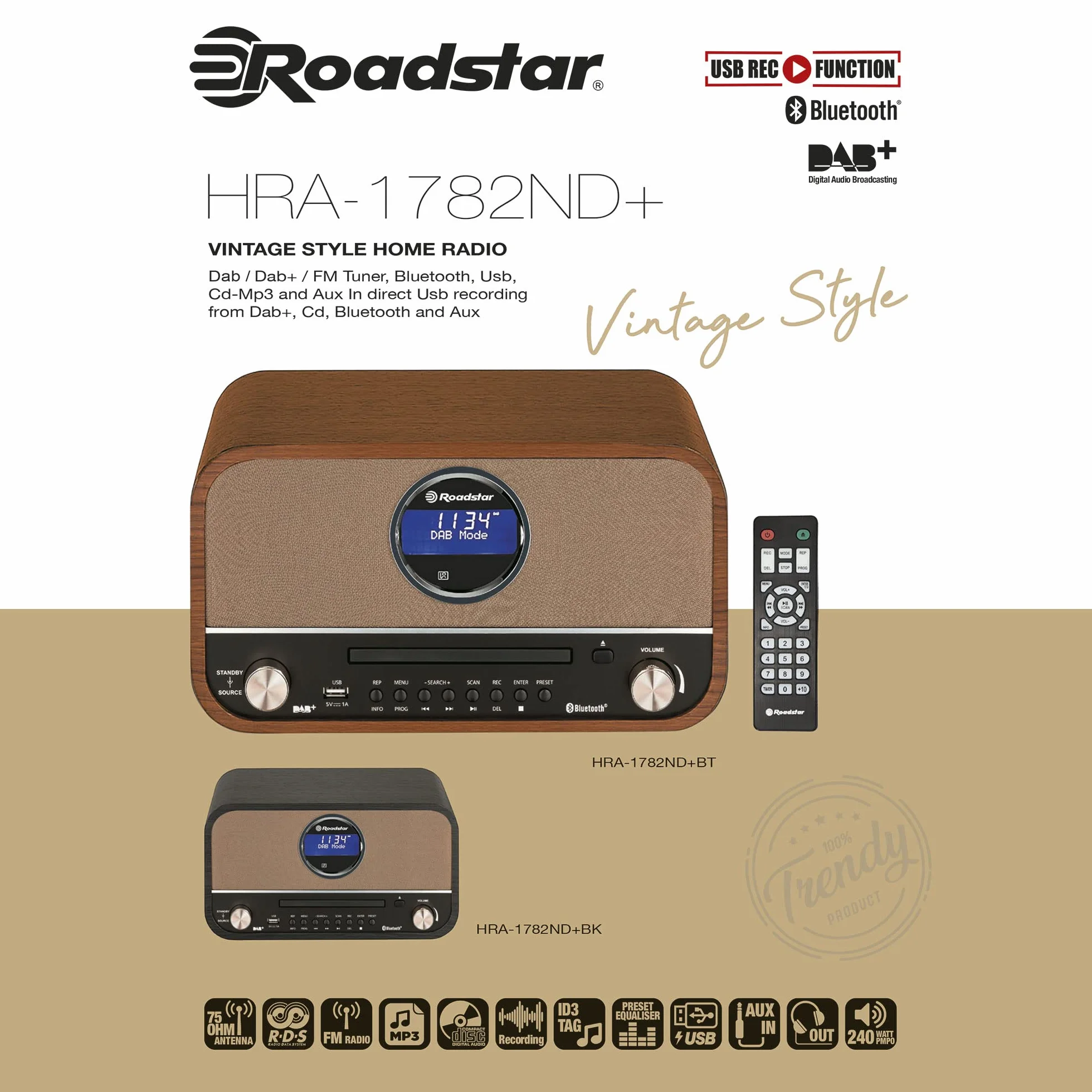 Roadstar HRA1782ND+BK Sistema Micro Vintage Radio DAB DAB+ FM CD MP3 Bluetooth Stereo Nero