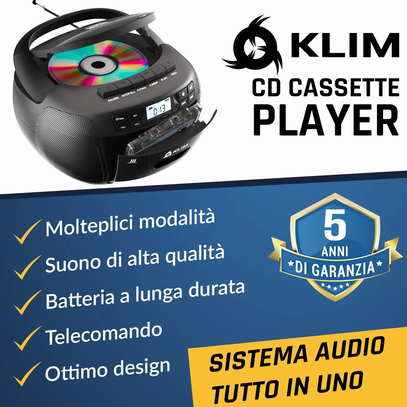KLIM Lettore CD Custodia Stereo Cassette AM/FM Radio Bluetooth USB AUX AC/DC