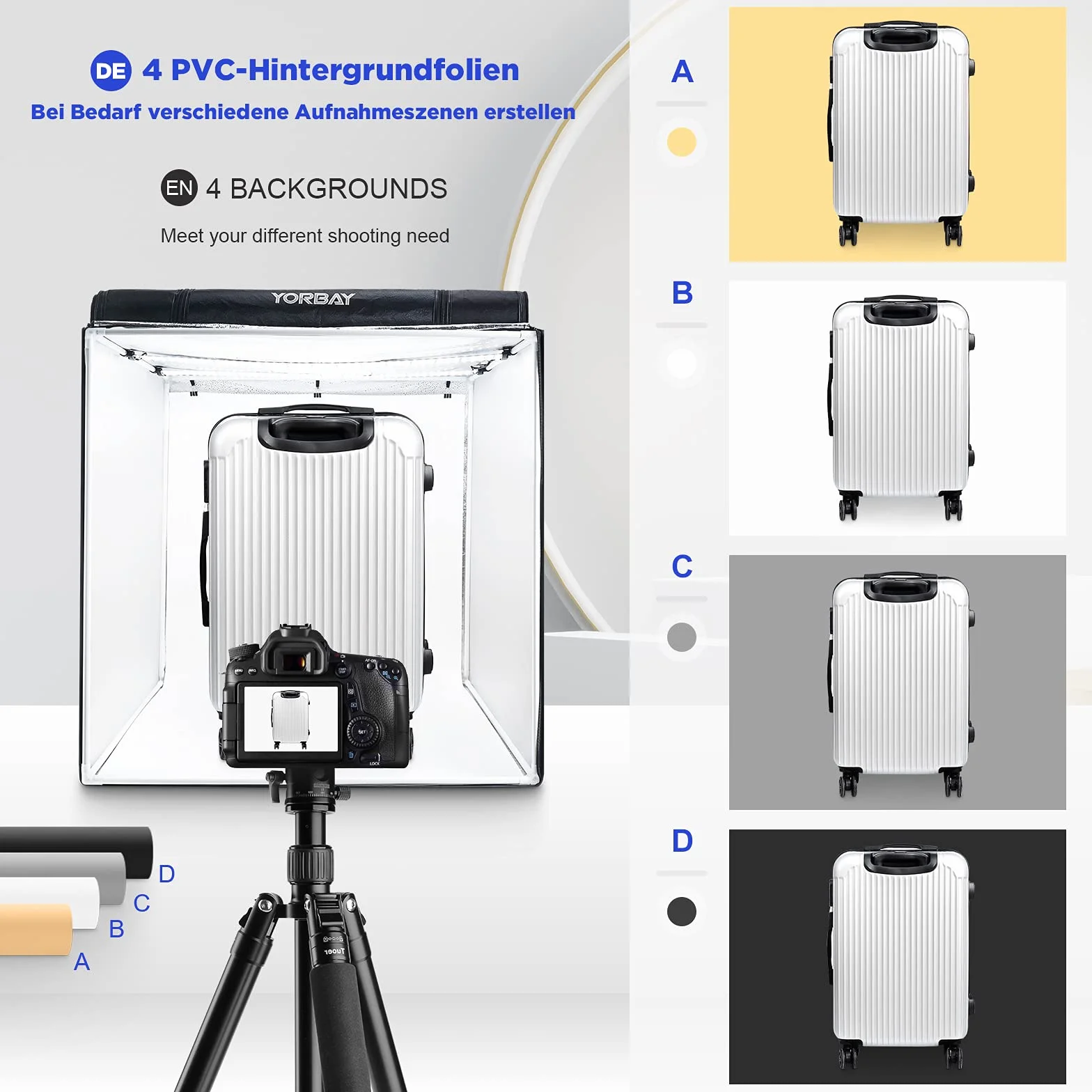 Yorbay Fotostudio Set per studio fotografico 80 x 80 x 80 cm, CRI 95+, con 4 pellicole in PVC (nero, bianco, grigio, bianco caldo)