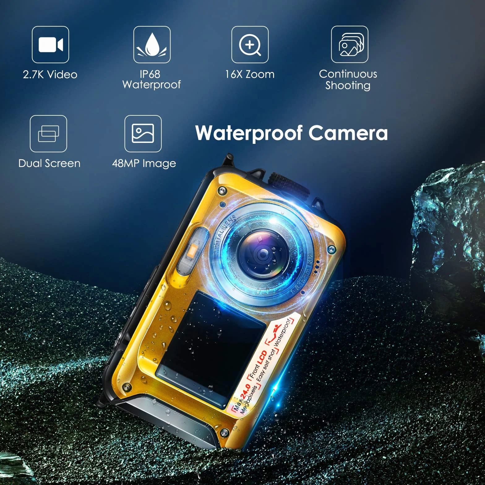 Aomdom Macchina Fotografica Subacquea, Full HD 2.7K 24MP Fotocamera Subacquea Digitale Zoom Digitale 16X Macchina Fotografica Subacquea Bambini Doppio Schermo giallo