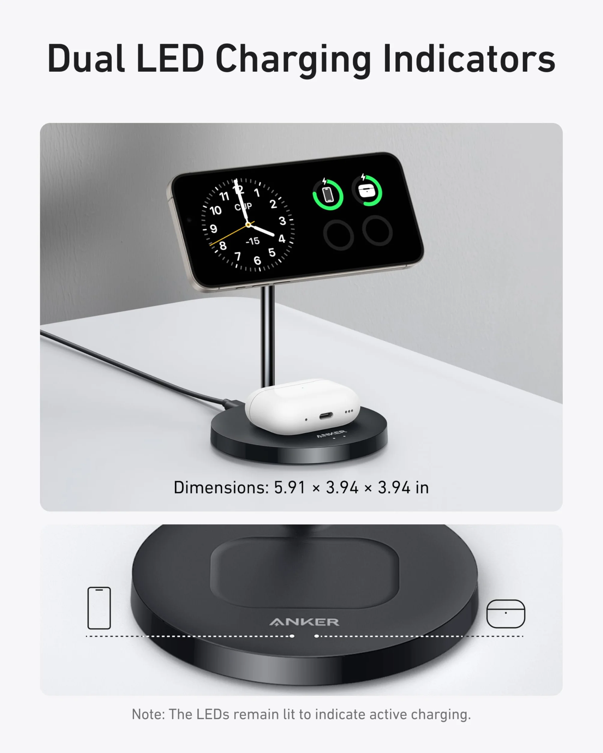 Anker Caricatore Wireless iPhone 15W Supporto di Ricarica Regolabile 2 in 1 con Cavo USB-C da 1,5m, doppio LED, Ricarica Ultraveloce 15W MagSafe per iPhone serie 16/15 e AirPods (senza adattatore AC)