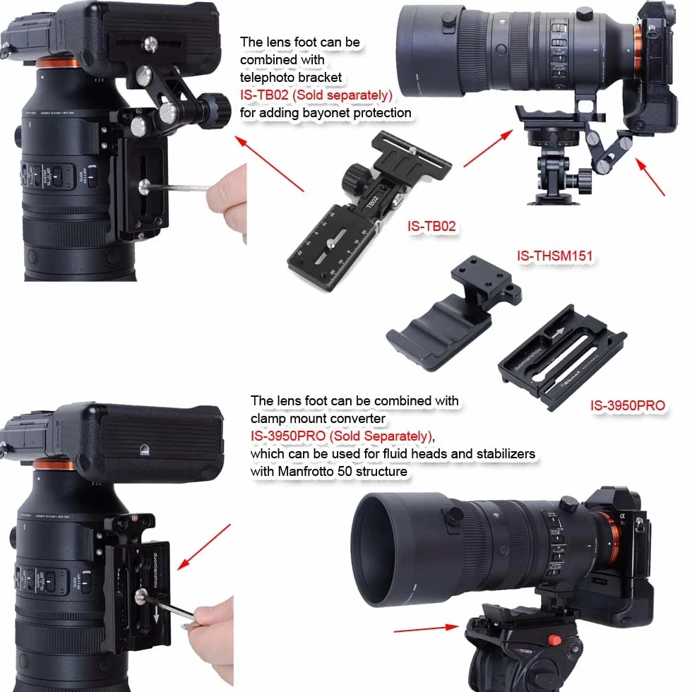 iShoot Base ad anello di ricambio per treppiede compatibile con Sigma 70-200 mm F2.8 DG DN OS Sports e 500 mm F5.6 DG DN OS Sports, staffa di supporto con piastra a sgancio rapido Arca-swiss Fit