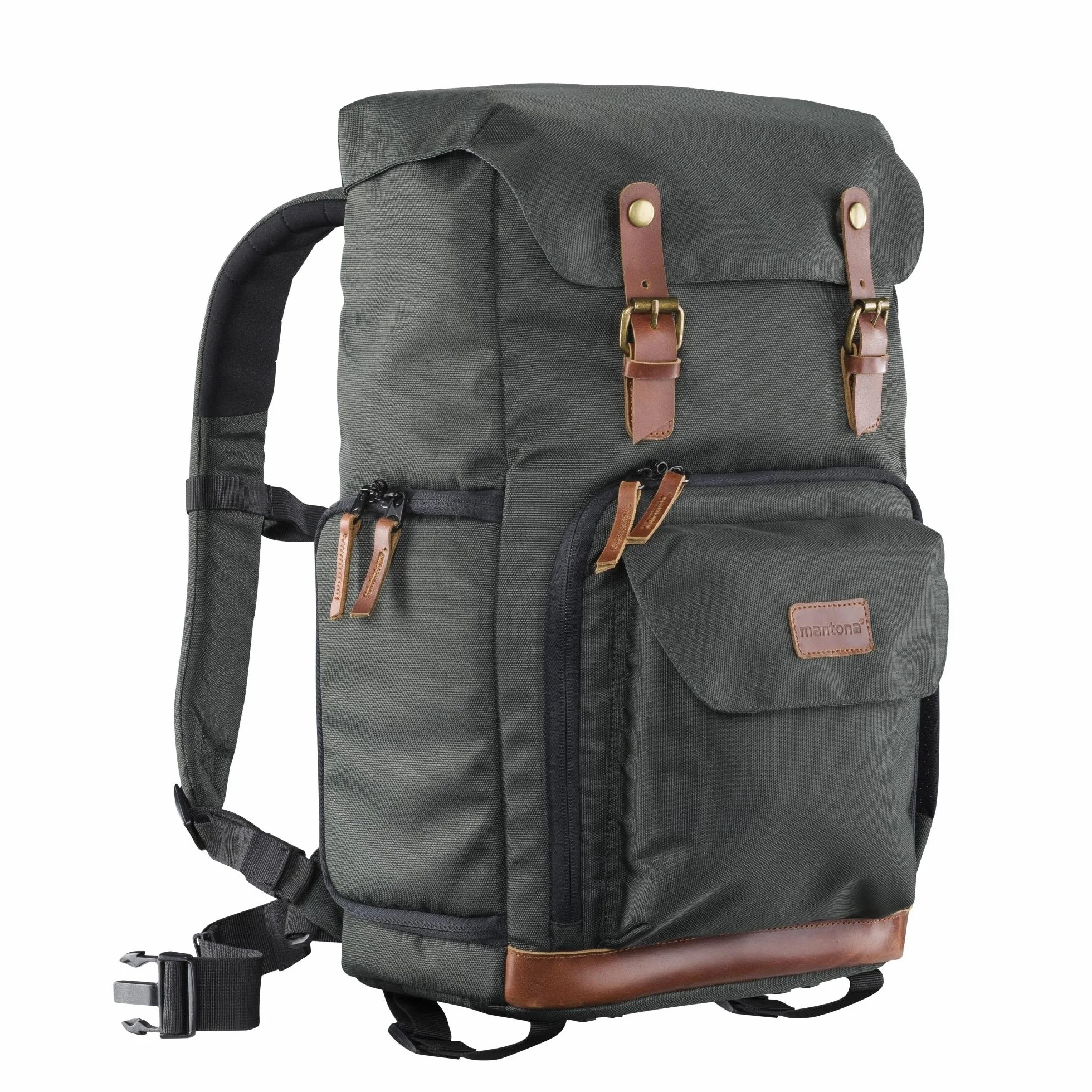 Mantona Luis Retro Zaino fotografico verde, per fotocamera con copertura antipioggia, borsa fotografica con scomparto per laptop, DSLR, 3 obiettivi e accessori fotografici