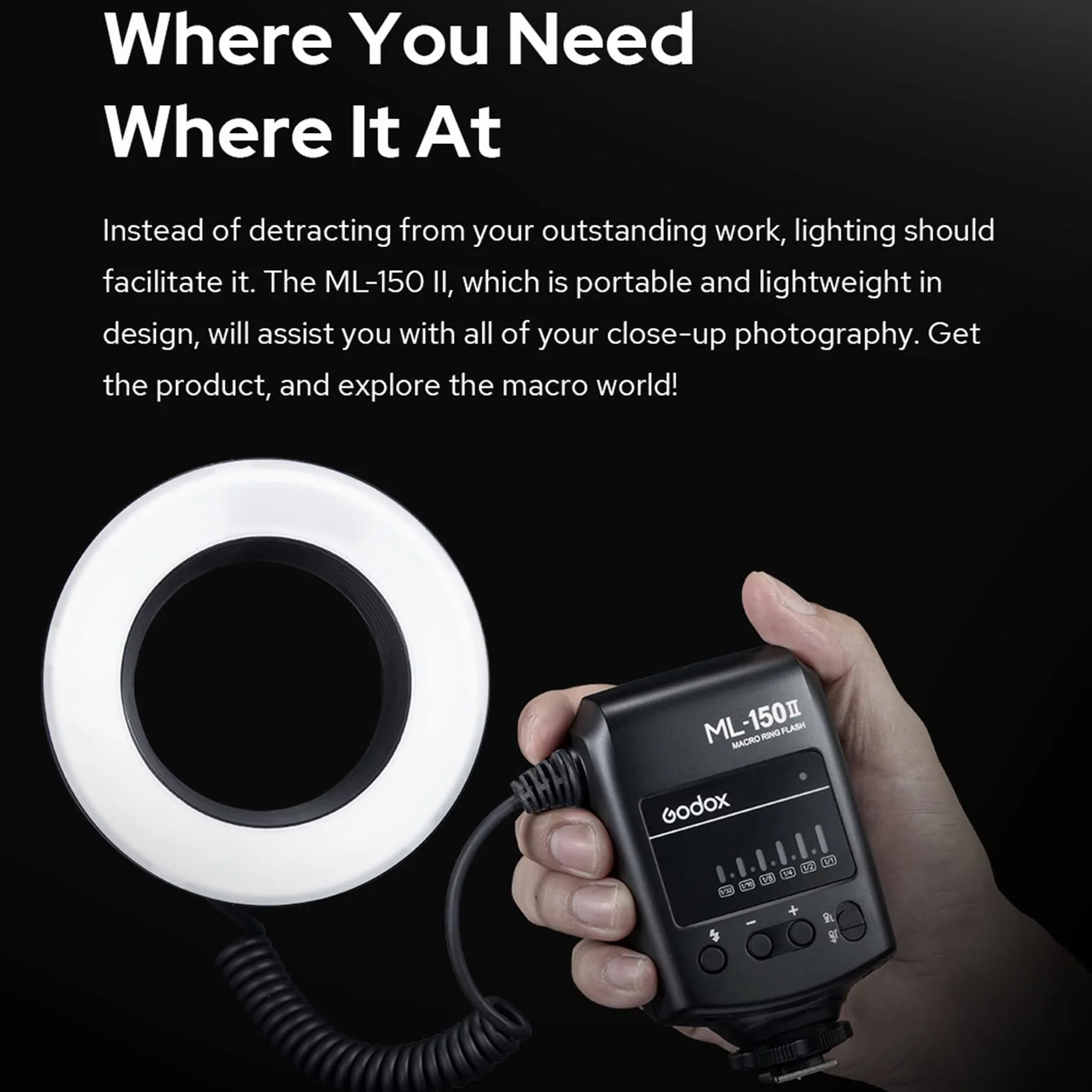 Godox ML-150II Universale Macro Ring Flash Light 11 Livelli Luminosità Regolabile GN12 Riciclo Veloce con 8pcs Anelli Adattatore di Ricambio per Canon Nikon Sony DSLR Camera