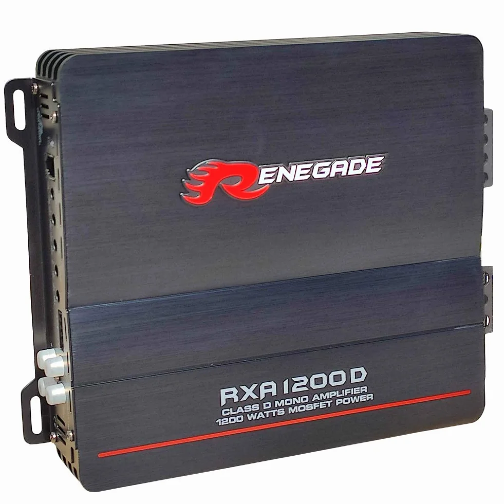 1 amplificatore RENEGADE RXA1200D RXA 1200 D monofonico classe d 1 canale 600 watt rms stabile a 1 ohm 1200 watt max, 1 pezzo + 3 adesivi