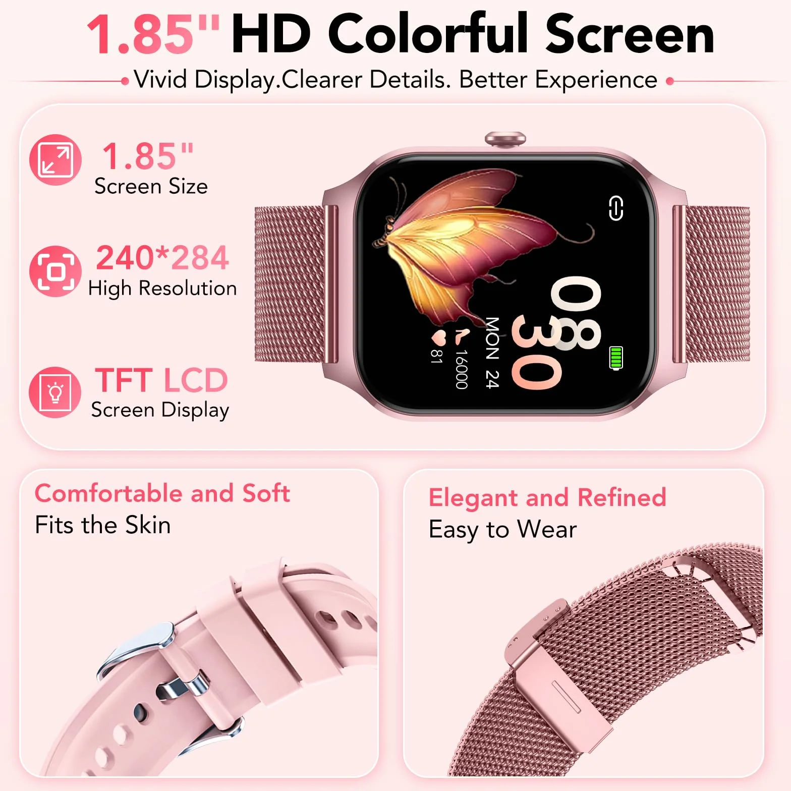 CASCHO Smartwatch Donna,1.85" HD Orologio Smartwatch con Chiamate Bluetooth e Assistente Vocale AI,120+ Sportive con Contapassi/Sonno/Cardiofrequenzimetro, Smart Watch per iOS Android, 2 Cinturini