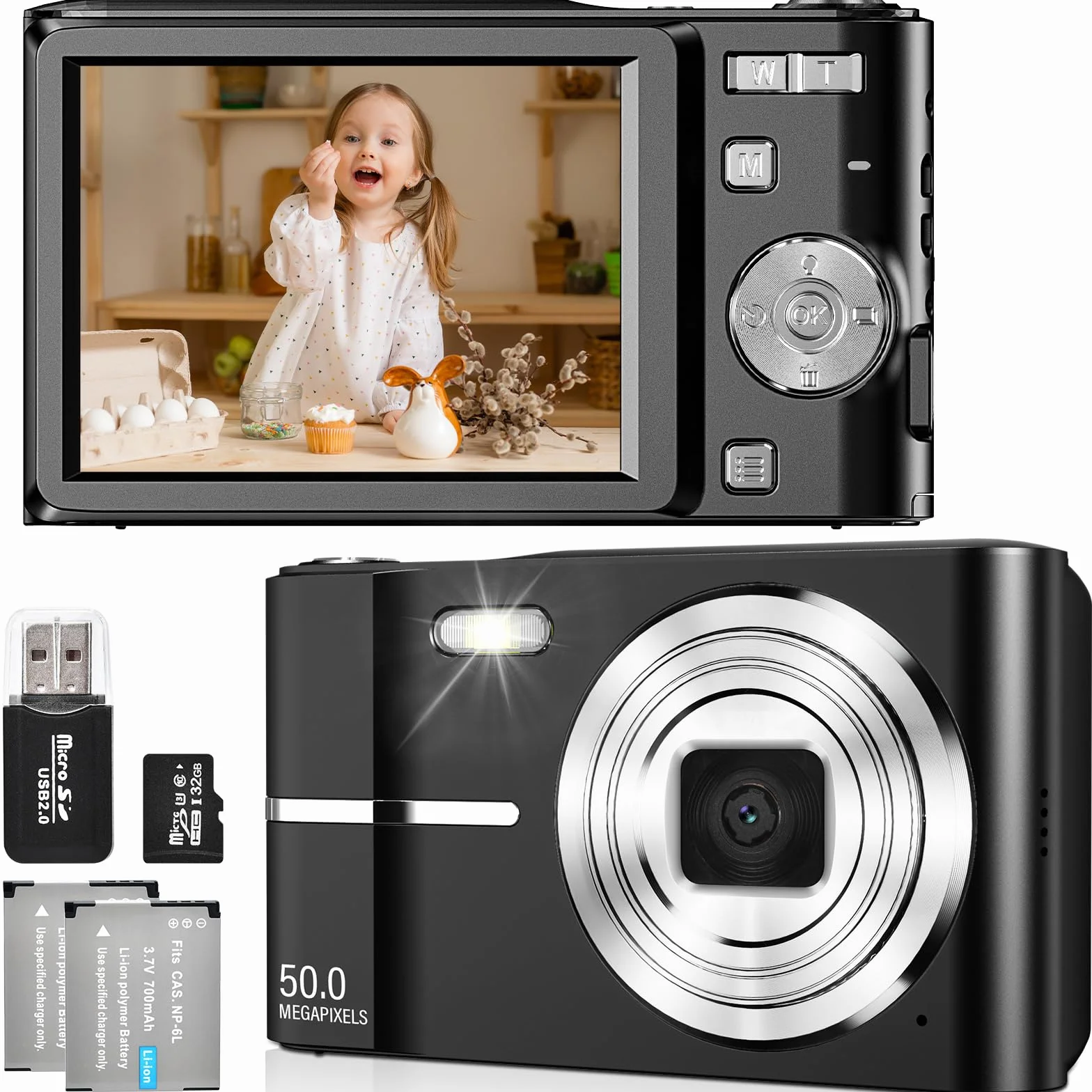 Macchina Fotografica Digitale 50MP 1080P FHD, Zoom 16X, Ricaricabile, Scheda Da, Nero, 32GB