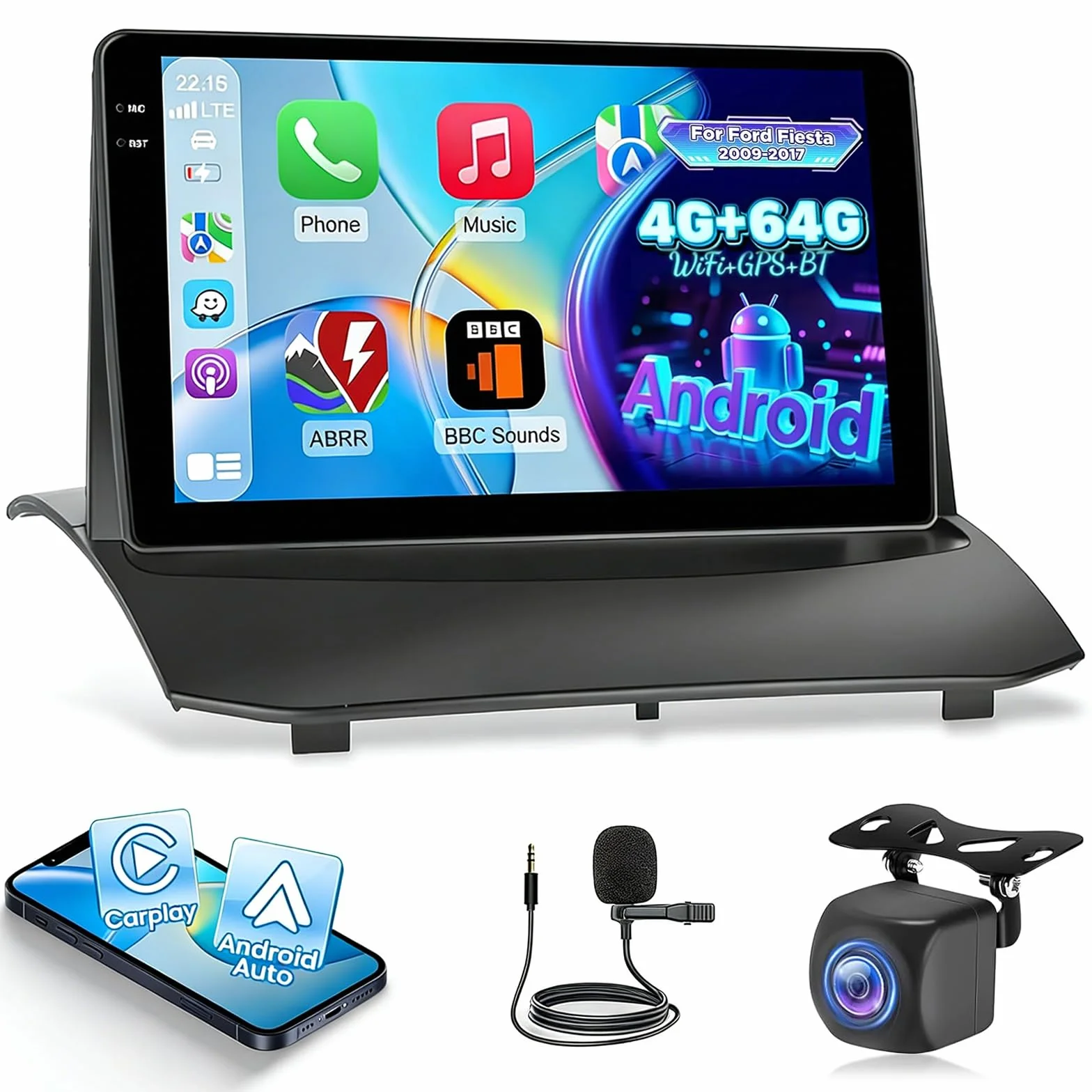 NHOPEEW 4+64G Android Autoradio per Ford Fiesta 2009-2017 con Wireless Carplay e Android Auto - Schermo incell da 9 pollici Supporto WiFi GPS Comandi al volante + Telecamera di retromarcia