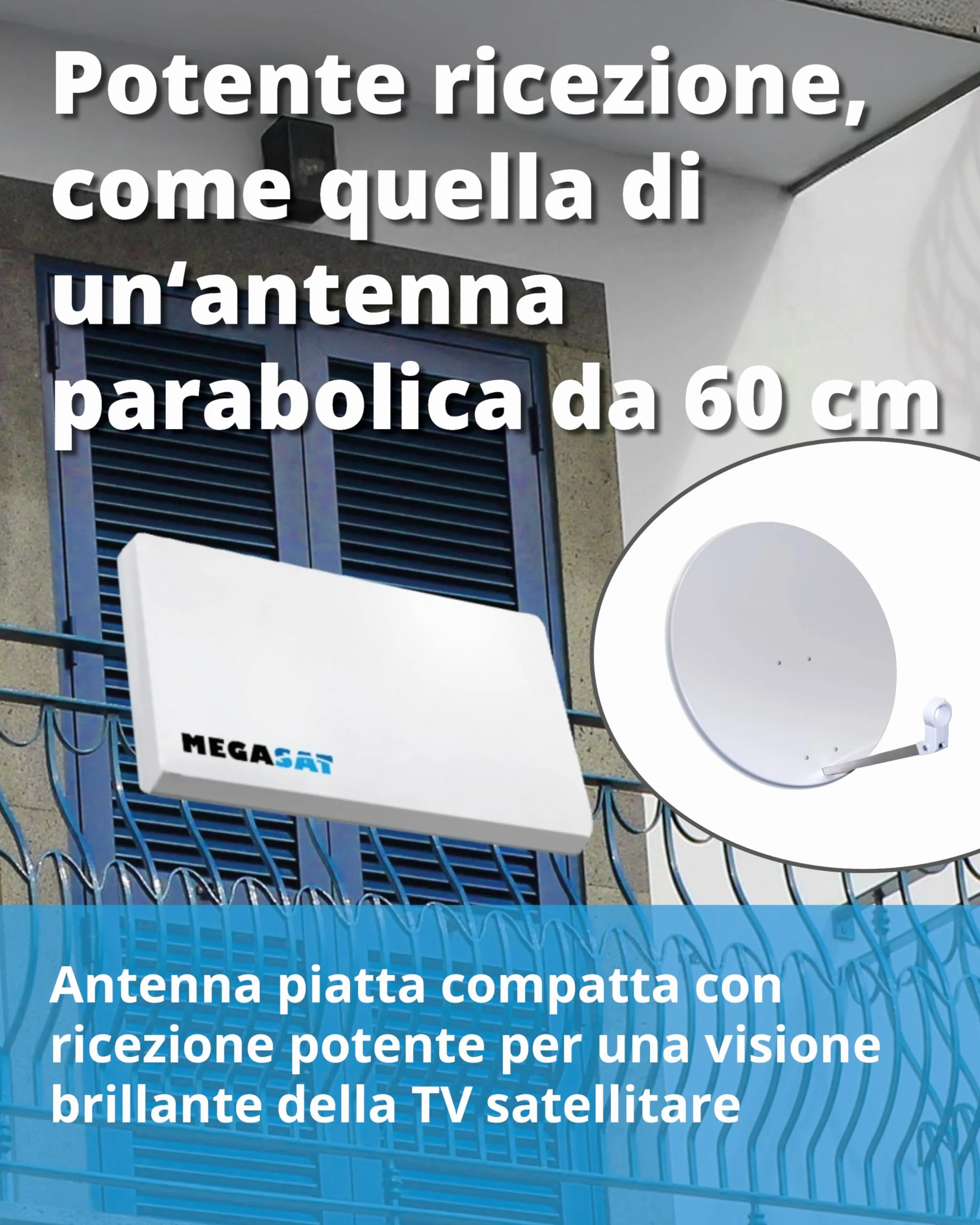 Megasat Antenna piatta D1 Profi-Line – Antenna satellitare piatta (1 utente, LNB intercambiabile, installazione a parete, supporto per palo/balcone o finestra) – Bianco