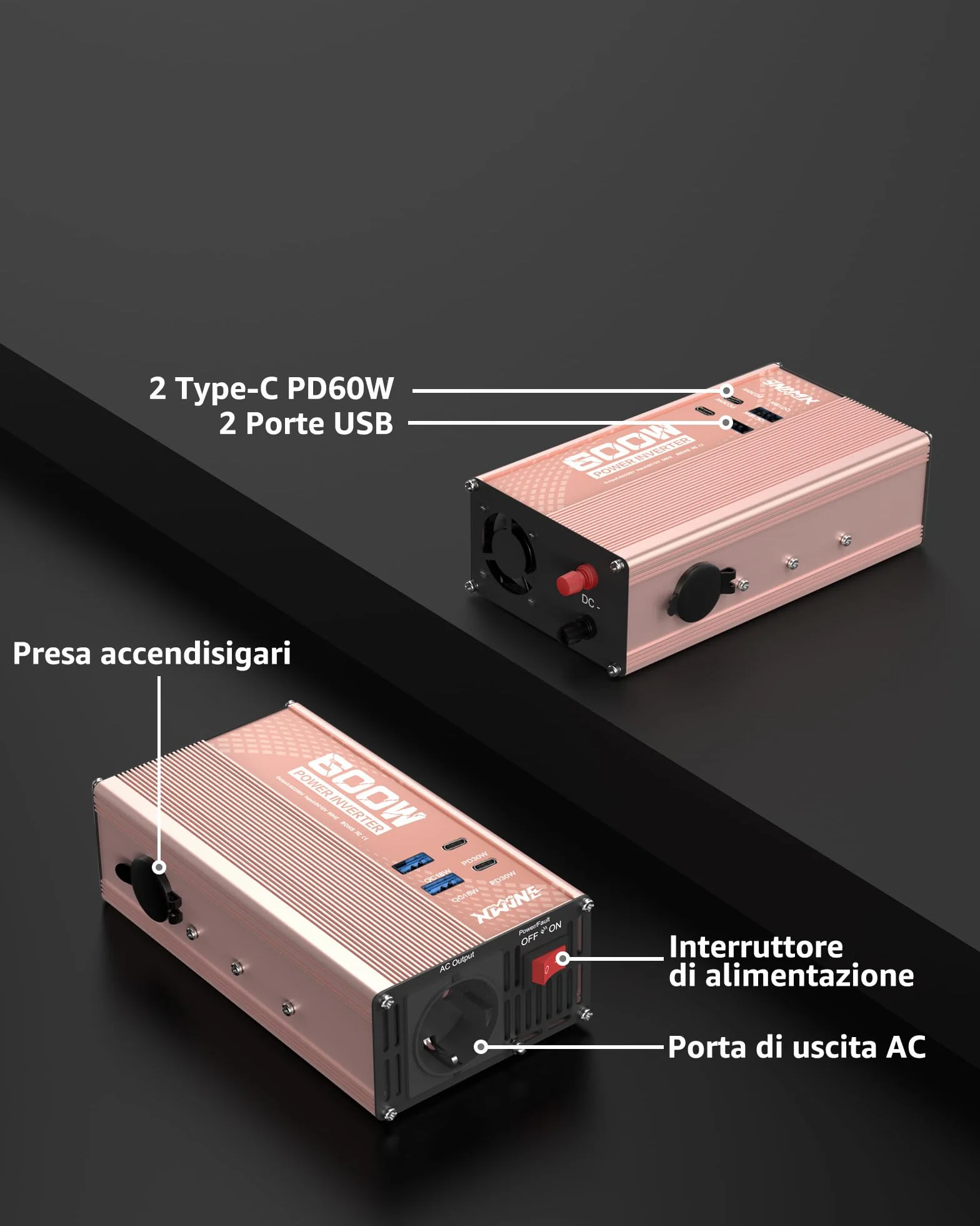 XWJNE 600W Inverter 12V 220V, Invertitore di Tensione con 1 Presa AC EU, 2 USB-A, 2 USB-C, Convertitore Onda Modificata Include Cavo Accendisigari e Pinze a Coccodrillo, per Auto, Camper, Viaggi