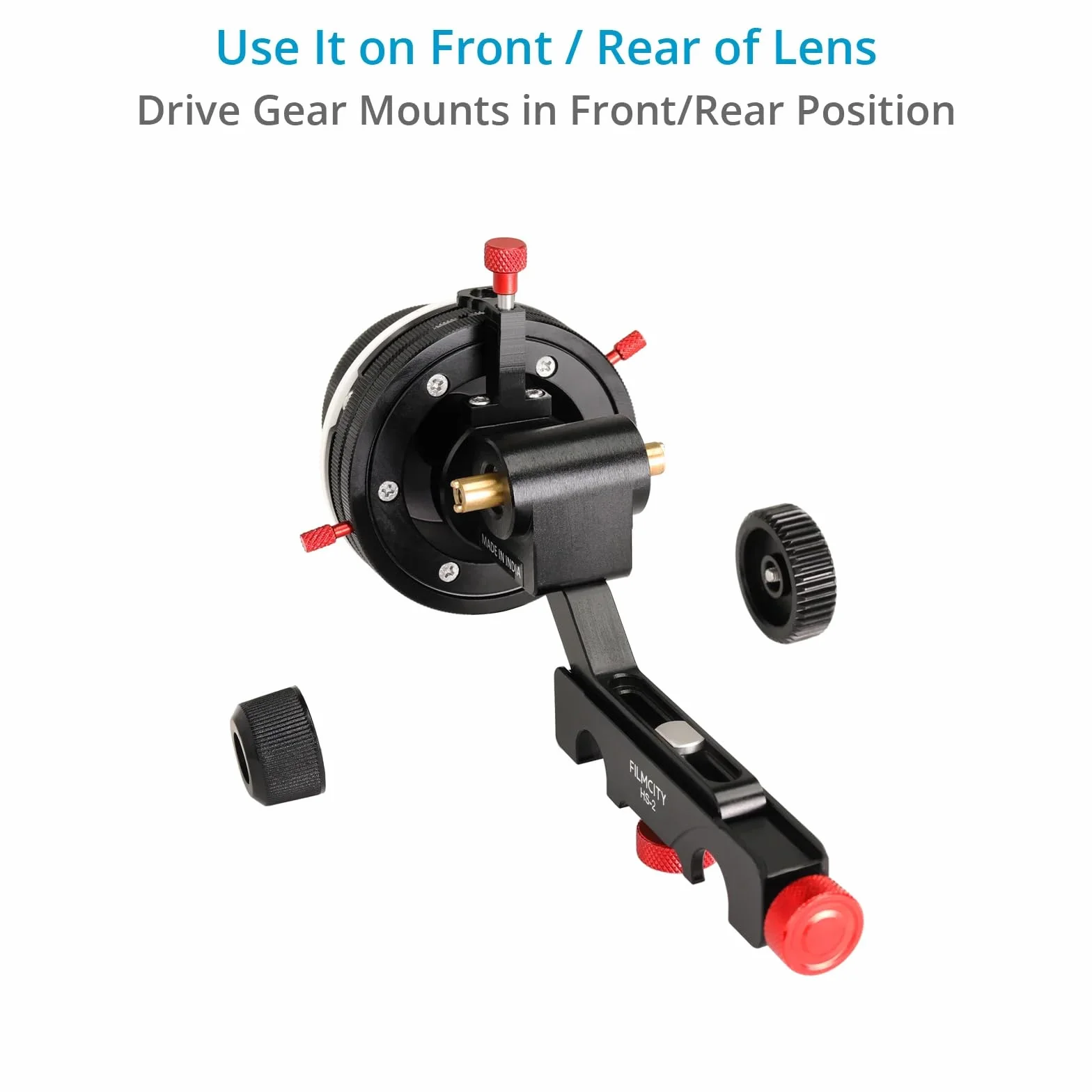 HS-2 Follow Focus con Hard Stop per telecamere e supporti da spalla. Ingranaggio passo 0,8, 43 denti. Cinghia dentata adatta a obiettivi da 46 a 110 mm. Manovella di velocità inclusa (HS-2)