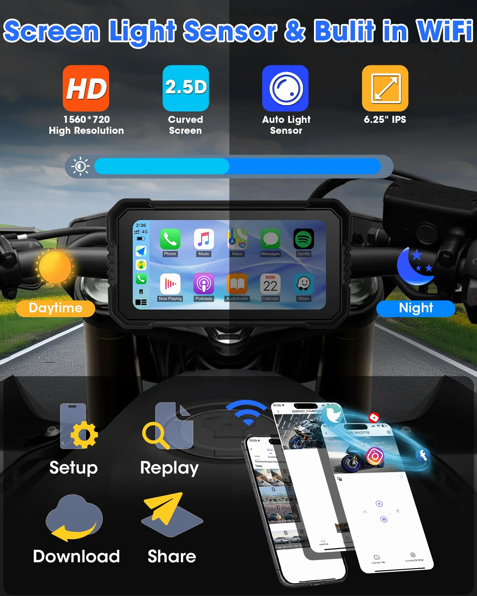 Navigatore Moto con CarPlay Android Auto 4K 6,25 Pollici WiFi GPS 64GB