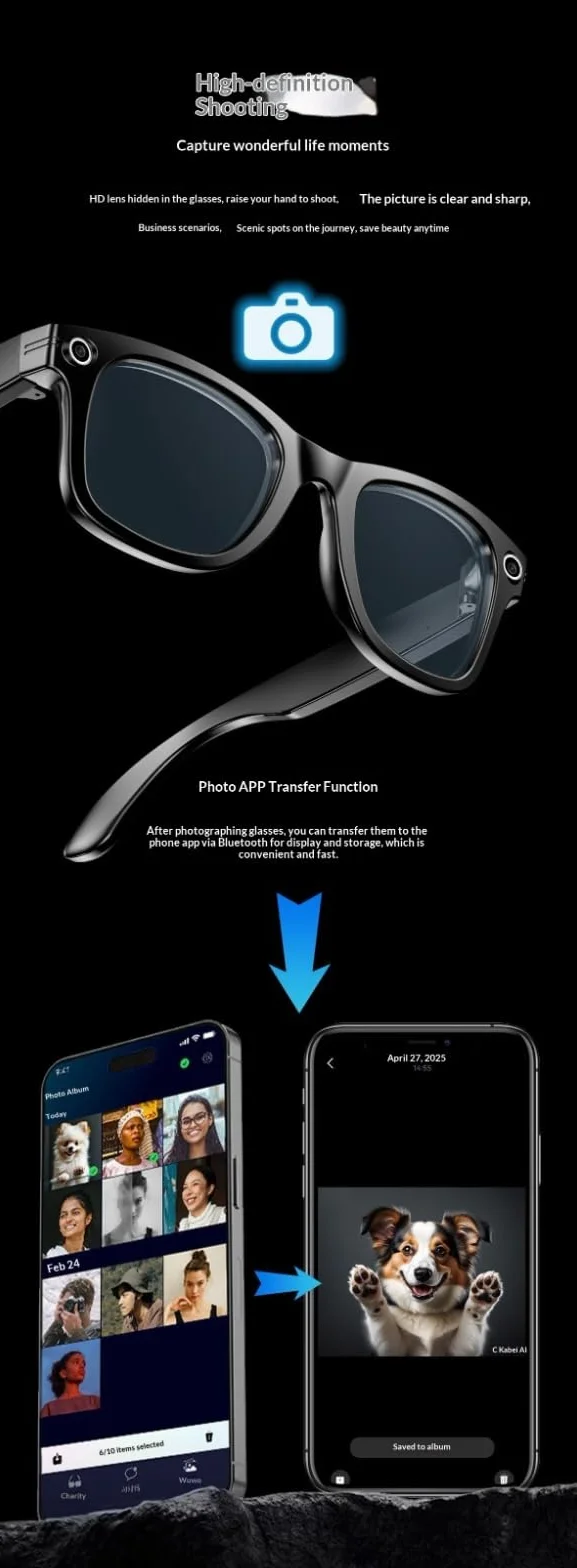 Occhiali intelligenti per traduzione e riconoscimento alimentati dall'AI, occhiali Bluetooth con fotocamera ad alta definizione, fotocamera da 8 MP, batteria da 260 mAh, traduzione in tempo reale