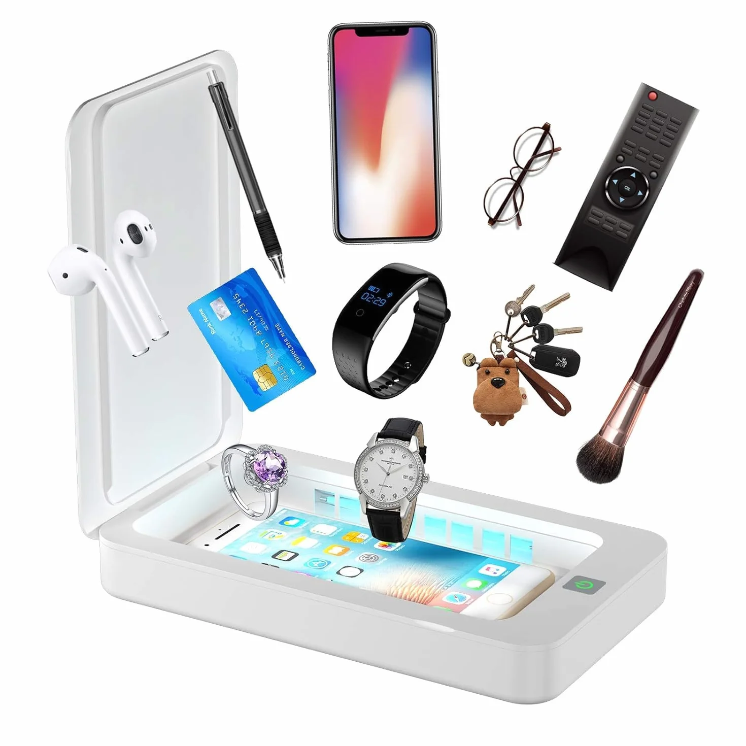 Scatola disinfettante con luce UV, scatola per la pulizia del telefono cellulare, scatola per la pulizia UVC portatile, per aromaterapia, sterilizzatore UV a 360° per telefono, spazzolini da denti