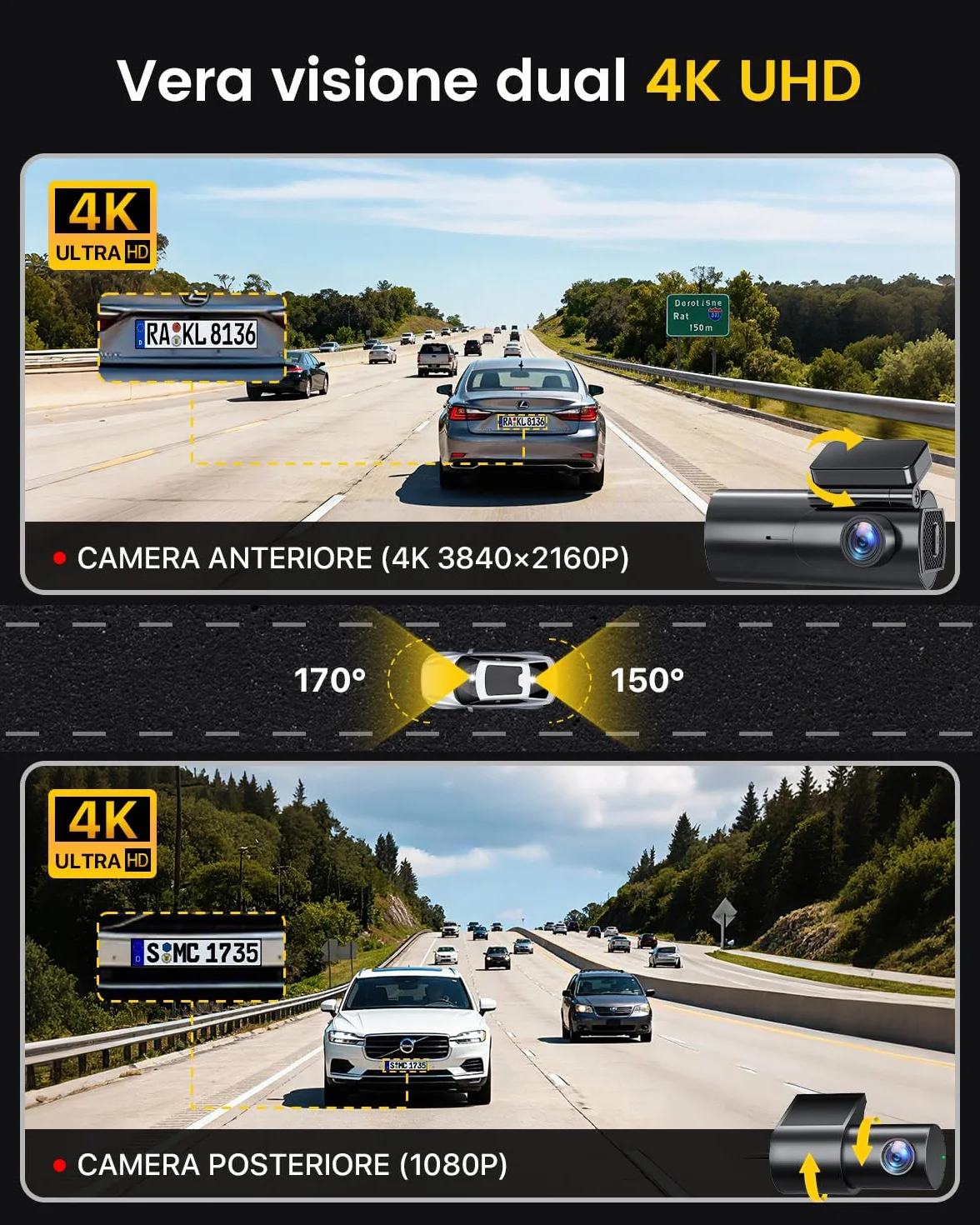 Dash Cam Auto 4K+1080P 5GHz WiFi Telecamera con Scheda SD 64G 170° Grandangolo Visione Notturna WDR G-Sensor 24H Monitor Parcheggio