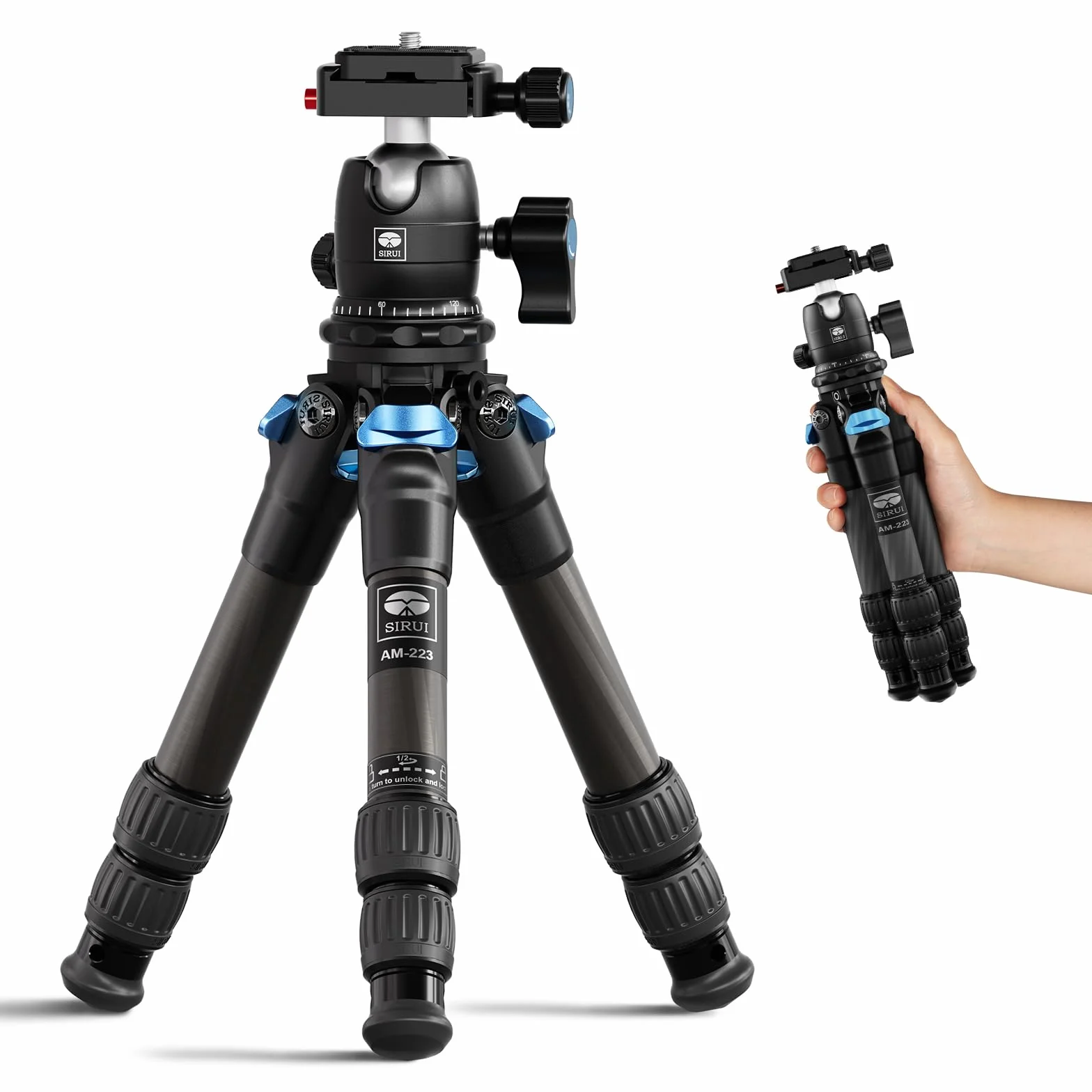 SIRUI Mini Treppiede Fotocamera AM-223, Portatile Compatto Treppiede Carbonio con Testa a Sfera B-00K a 360 Gradi, 13-43CM Treppiede da Viaggio con Piastra a Sgancio Rapido, Carico Massimo 15kg