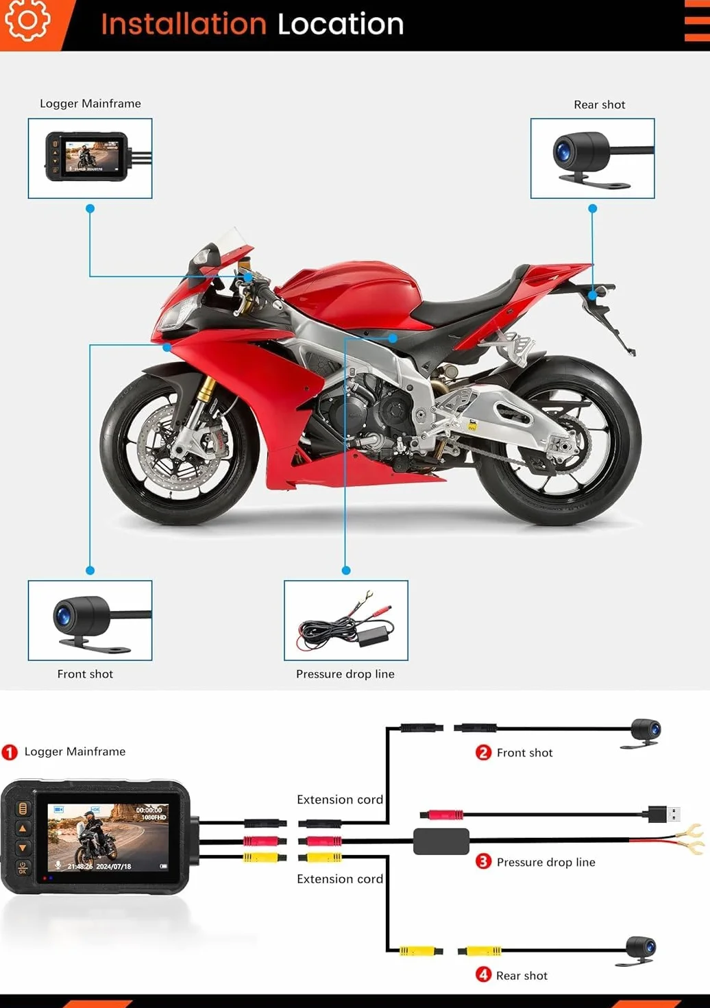 CAMECHO Moto Dash Cam 3 Pollici Schermo con 64GB TF Scheda, IP67 Impermeabile Doppia Telecamere Grandangolare 120 Gradi 90 Gradi Fotocamera per Moto con HDR, G-Sensor, Registrazione in Loop