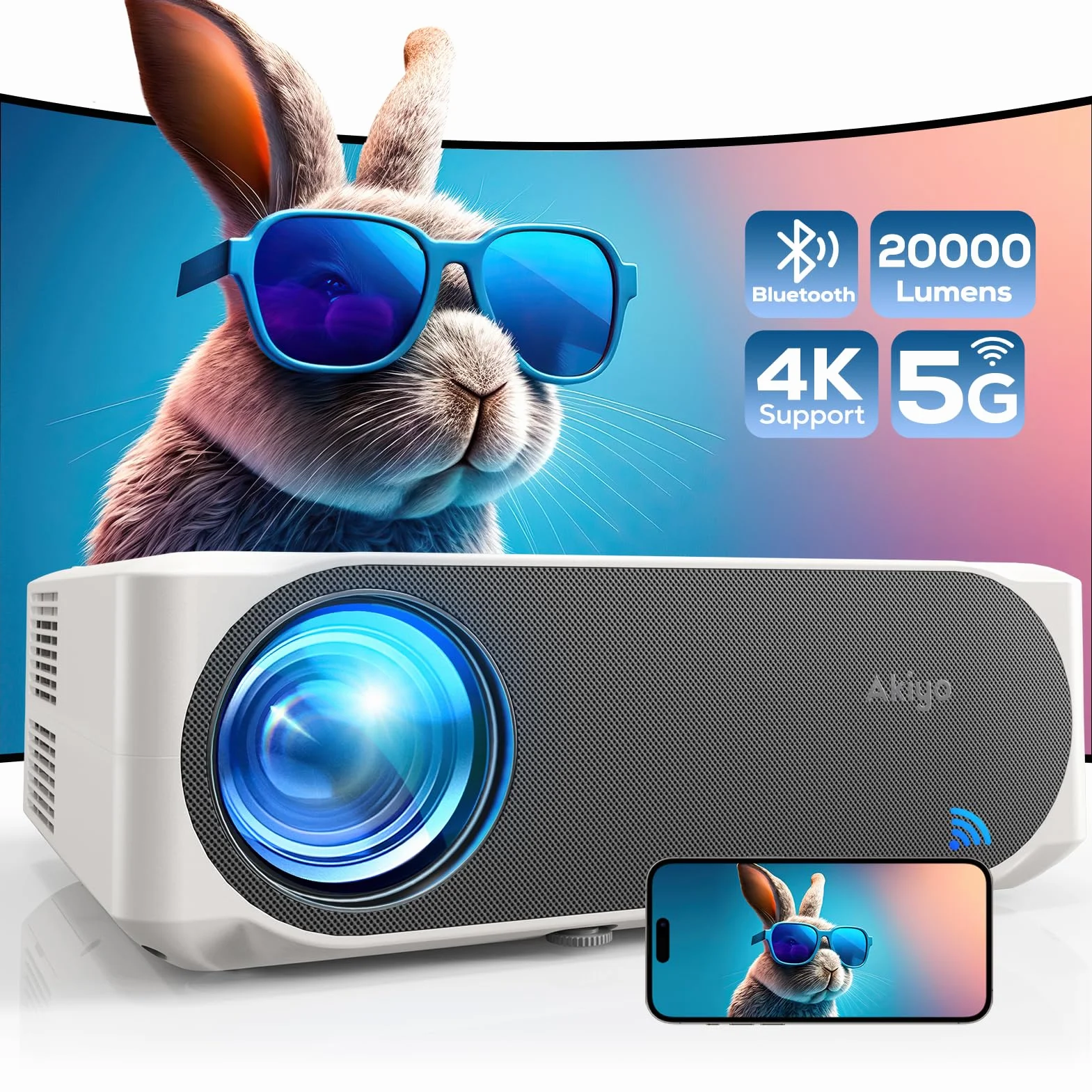 Proiettore 4K AKIYO 20000 Lumen WiFi 6 Bluetooth Full HD 1080P Outdoor Projector Funzione Zoom, Display 300 Pollici per Home Theater, Compatibile con TV Stick/HDMI/USB/iPhone/Android