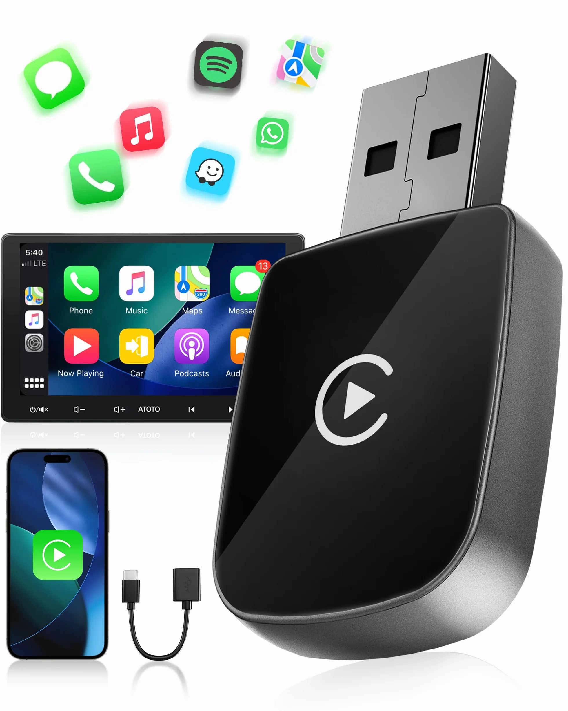 Adattatore CarPlay Wireless Dual Core Wi-Fi 5.8 GHz Bluetooth V5.3 per Apple iPhone iOS 10+ Veicoli CarPlay Cablata 2016