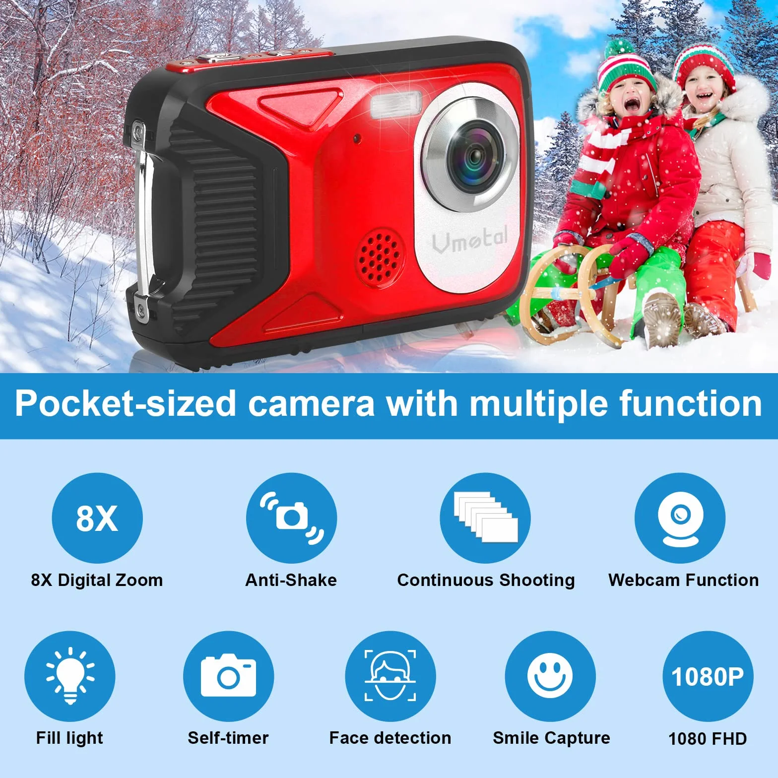 GDC8026 Fotocamera digitale impermeabile/Zoom digitale 8x / 21 MP/FHD 1080P /Schermo LCD TFT da 2,8"/ Telecamera subacquea per bambini/Adolescenti/Studenti/Principianti/Anziani (Rosso)