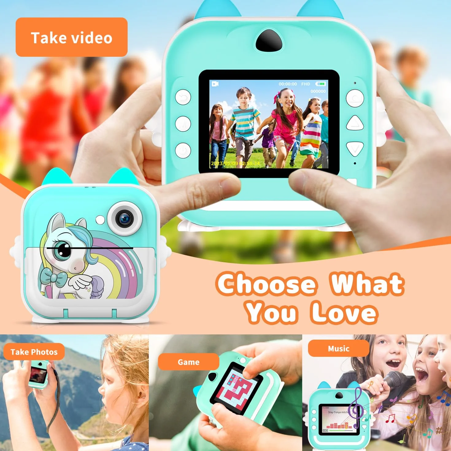 Macchina Fotografica Istantanea per Bambini,2,4 Pollici Digitale Fotocamera Instant Print 1080P HD Videocamera Obiettivo Fotocamera con 32GB Scheda e Carta Fotografica per Stampa，Regalo di Compleanno